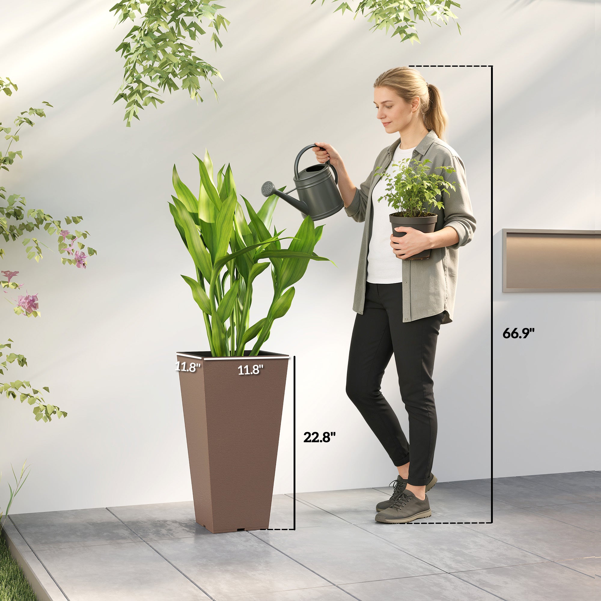 23 Inch Tall Planters for Outdoor Plants, Set of 2 Plastic Flower Pots, for Front Door Patio Garden Use, Brown - Brown - Image 3