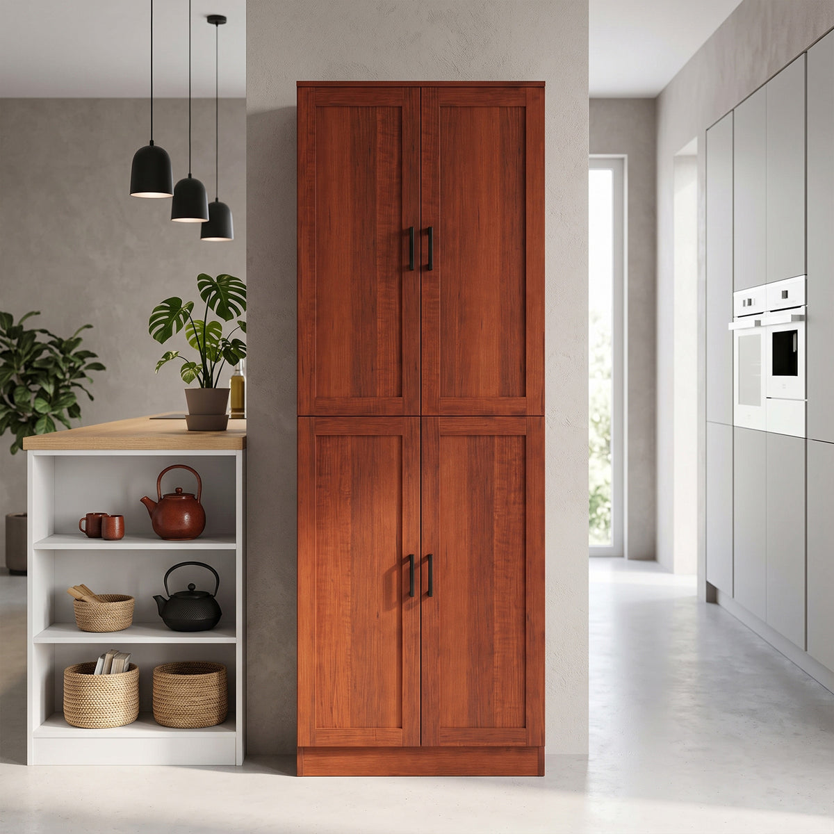 Freestanding Kitchen Pantry, 4-Door Kitchen Pantry Cabinet with Adjustable Shelves and Doors, Dark Brown