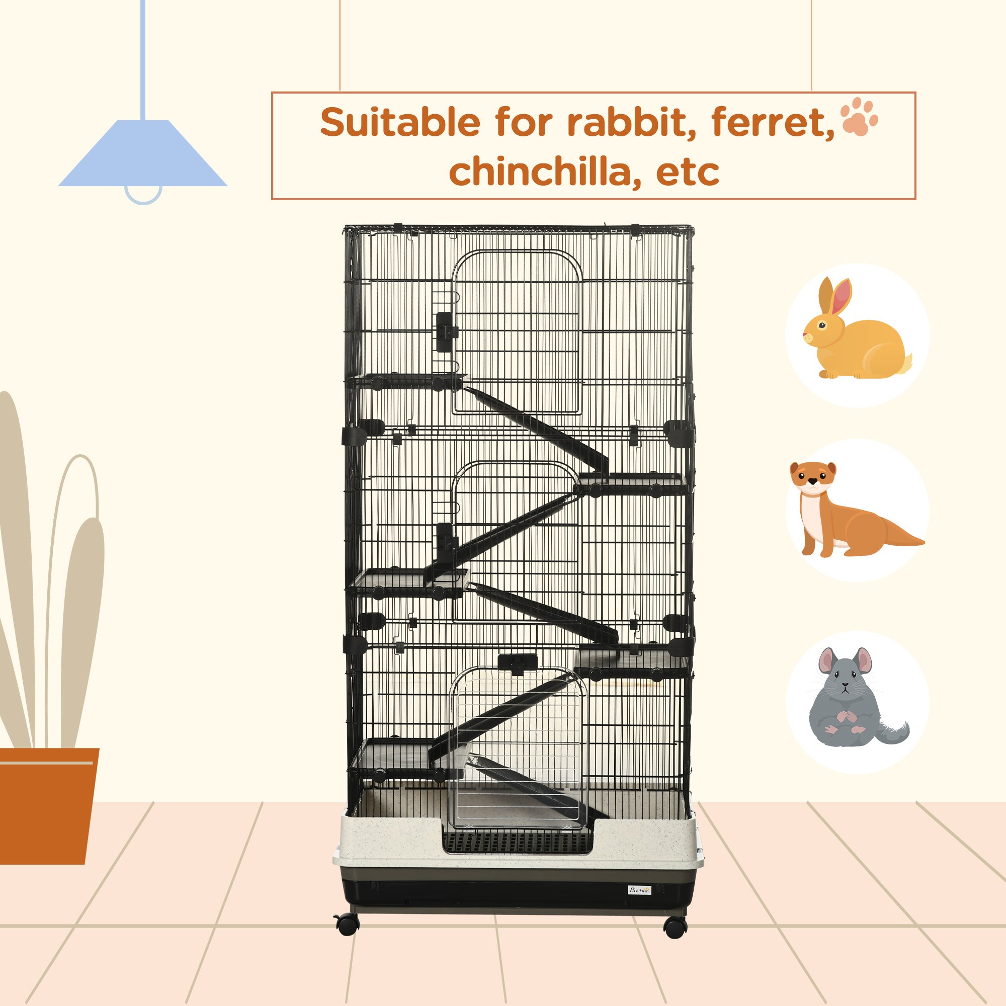 6-tier Platform Rolling Small Animal Rabbit Cage with a Large Living Space, Black - Black and White - Image 5