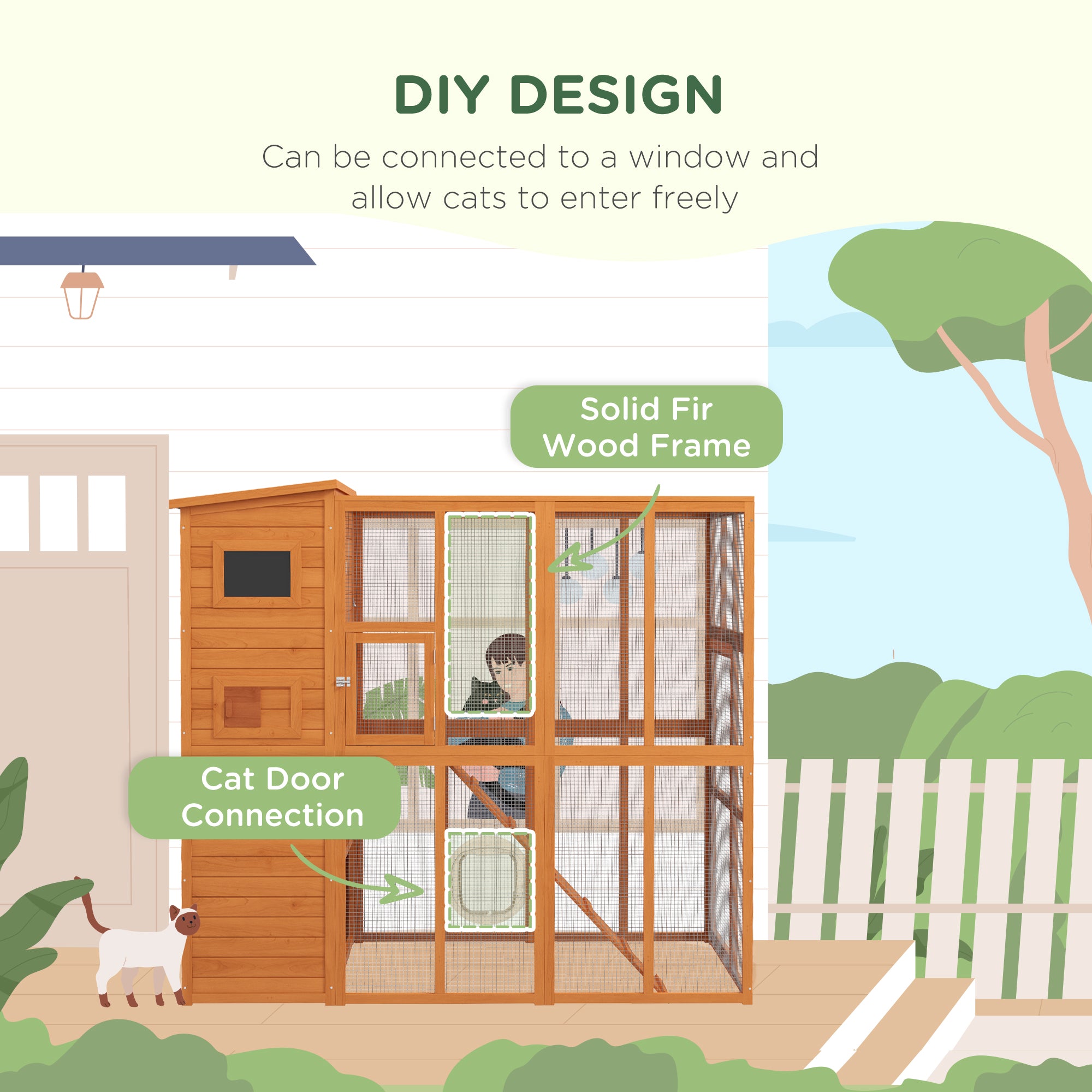 Wooden Outdoor Catio with Platforms, Asphalt Roof, Ramps, Natural - Orange - Image 4