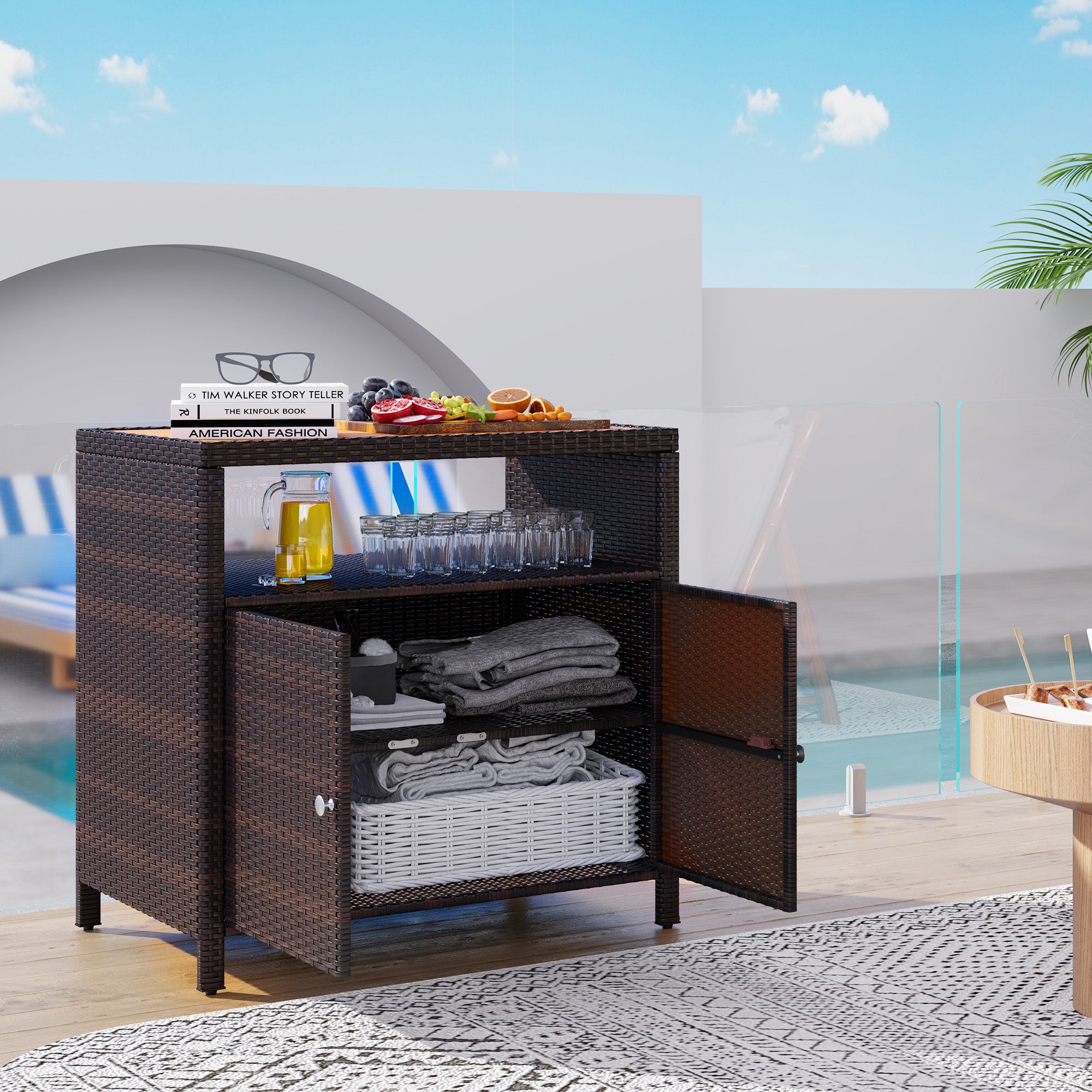 Outdoor Storage Cabinet with Acacia Wood Top, Two Doors, Shelf, Wicker Bar Table for Pool Towel Storage, Brown - Brown - Image 2