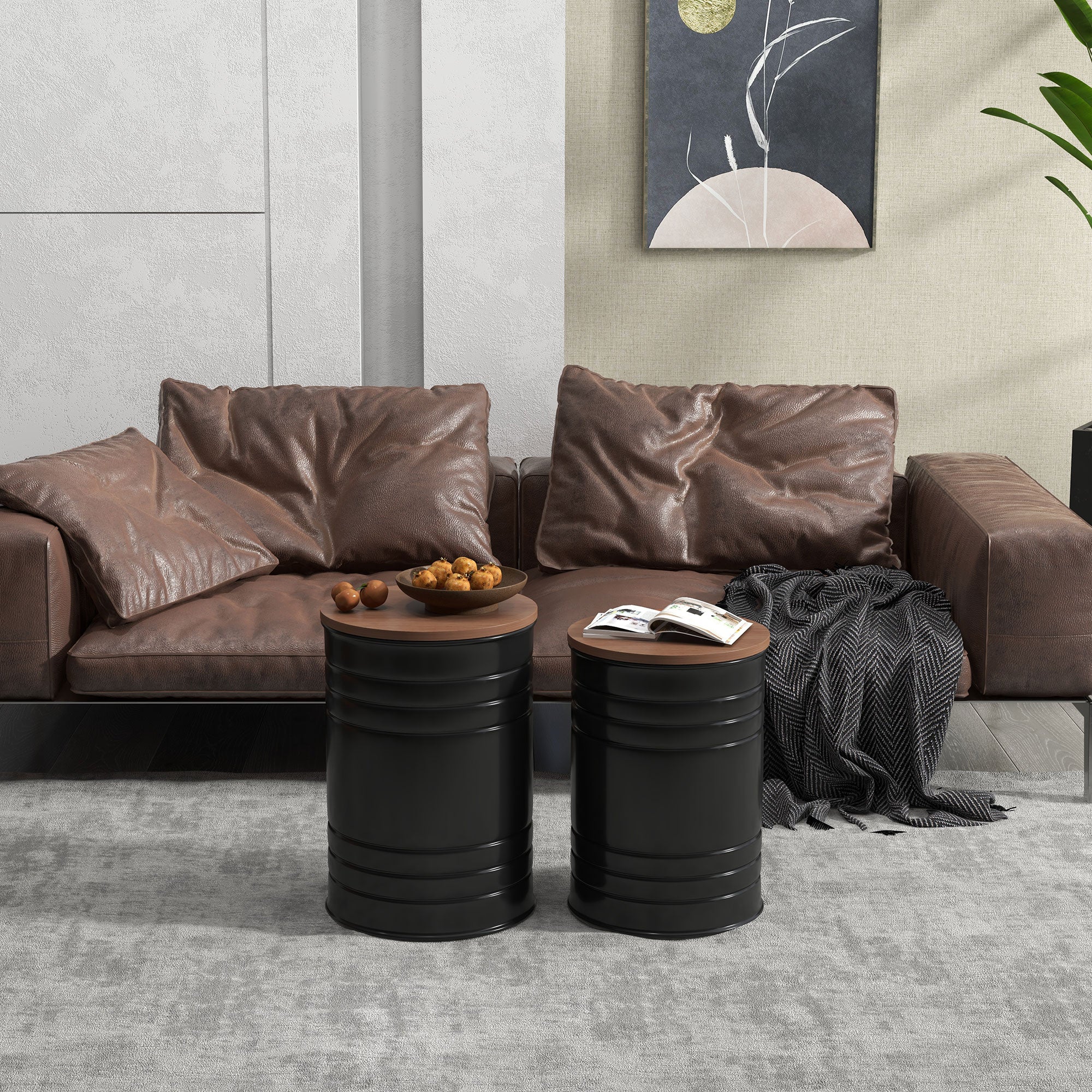 Round Storage Ottoman Set of 2, Nesting Ottomans with Wooden Lid, Metal Frame and Hidden Storage Space for Bedroom