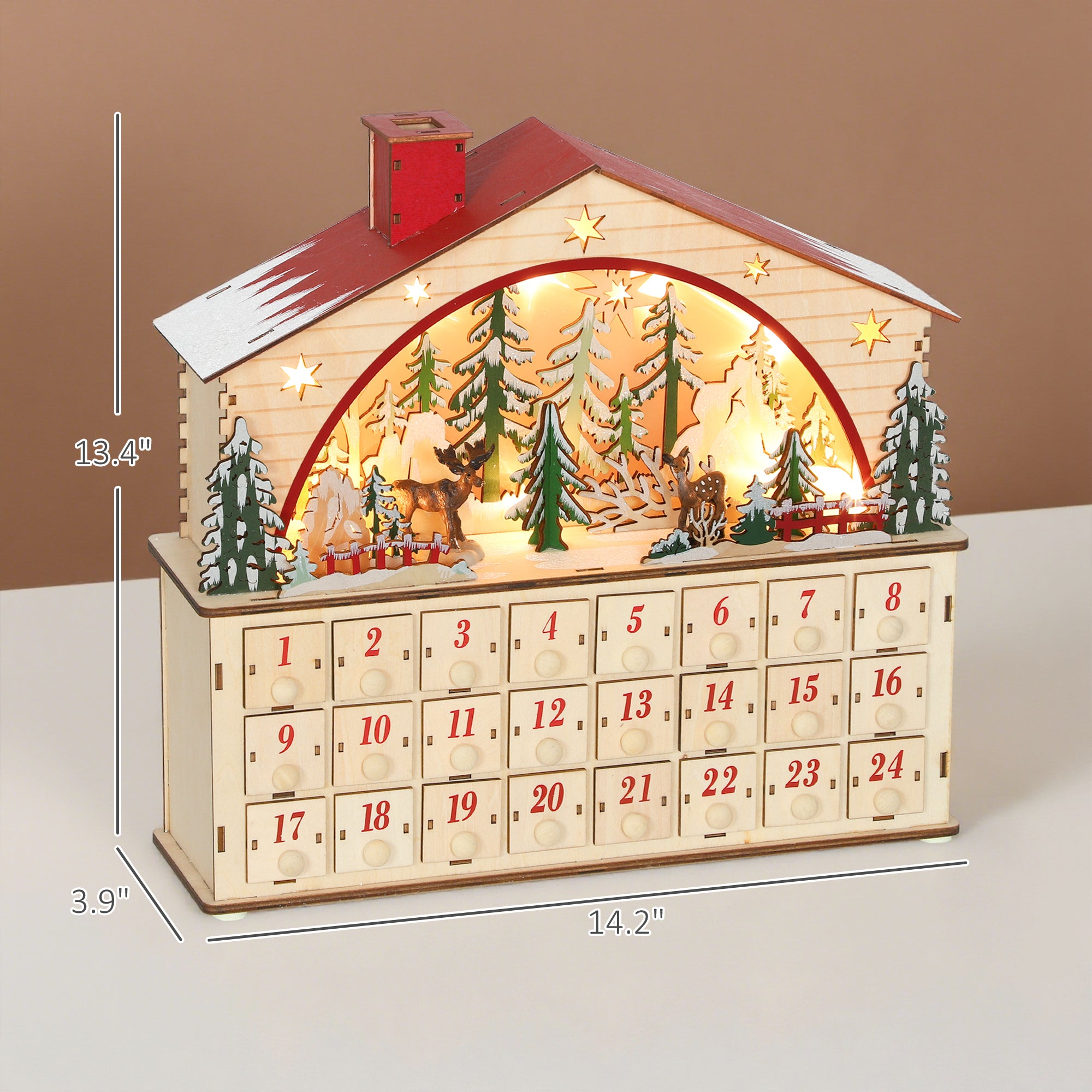 Christmas Advent Calendar with 24 Countdown Drawers and LED Lights, Wooden Advent Calendar House, Battery Operated