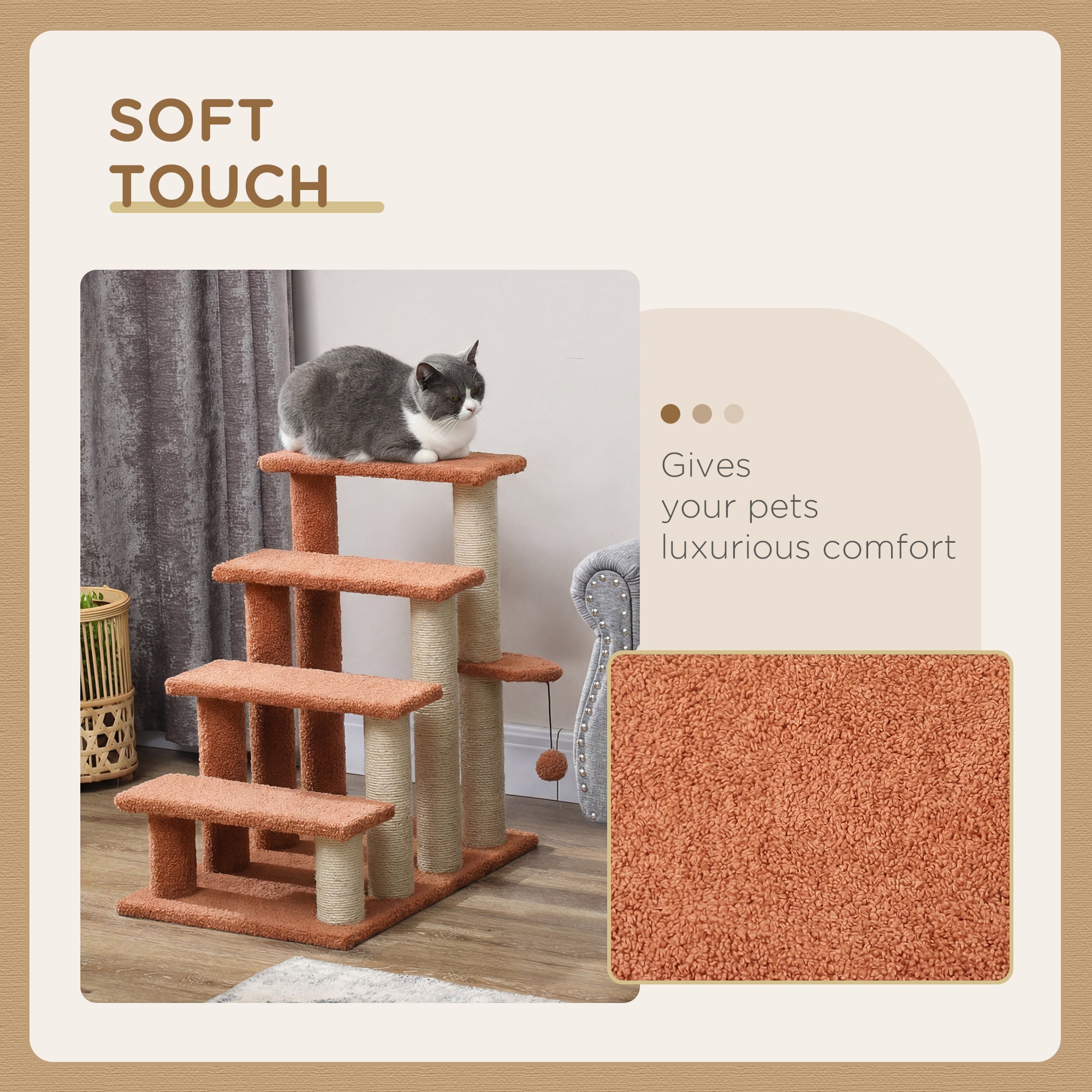 4 Levels Cat Steps with Scratching Posts for High Bed, Sofa, Brown - Brown - Image 6