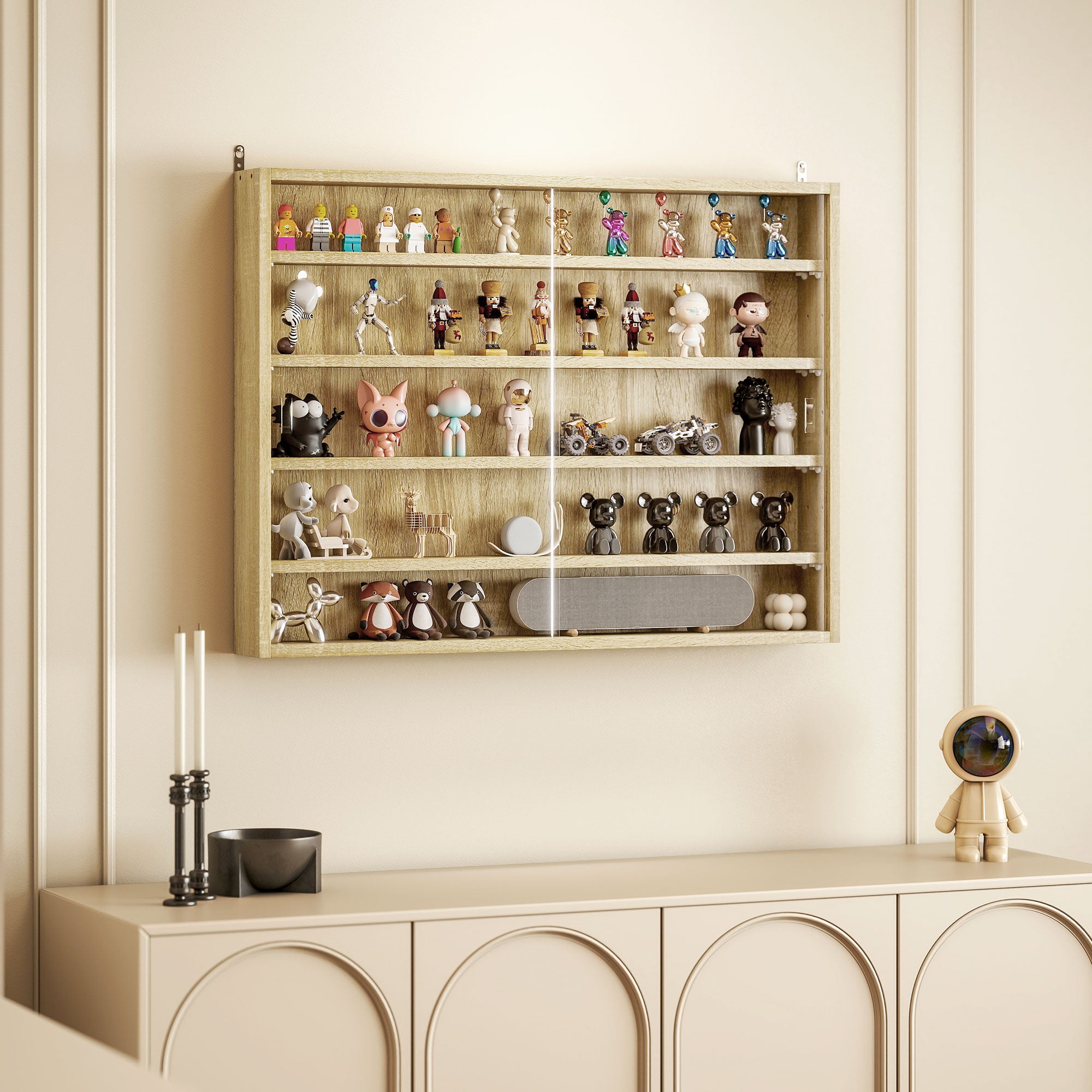5-Tier Display Cabinet, Wall-Mounted Display Case with 2 Glass Doors and Adjustable Shelves, Oak
