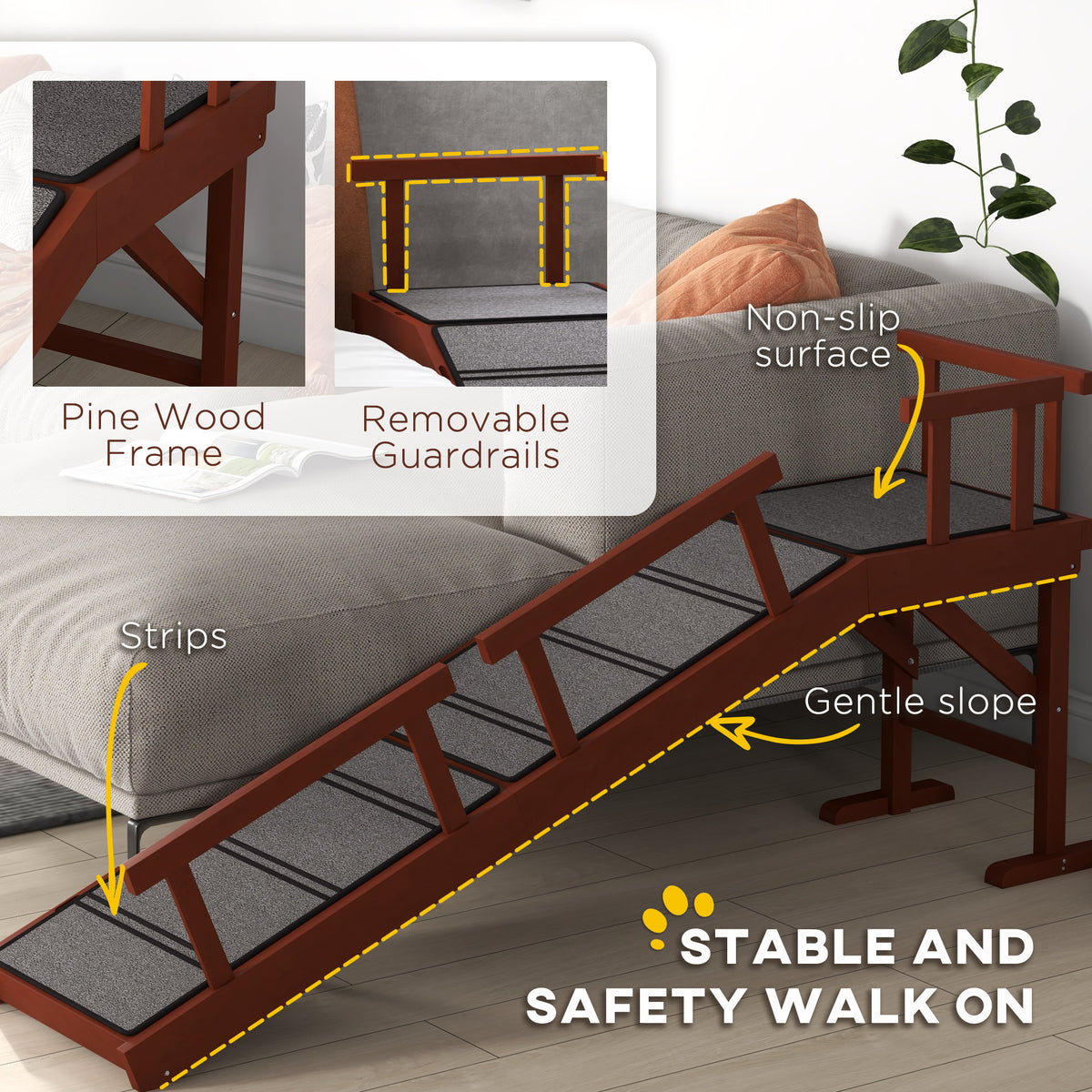 Wooden Dog Ramp with Removable Guardrails, Non-Slip Surface, 60" Long, Brown