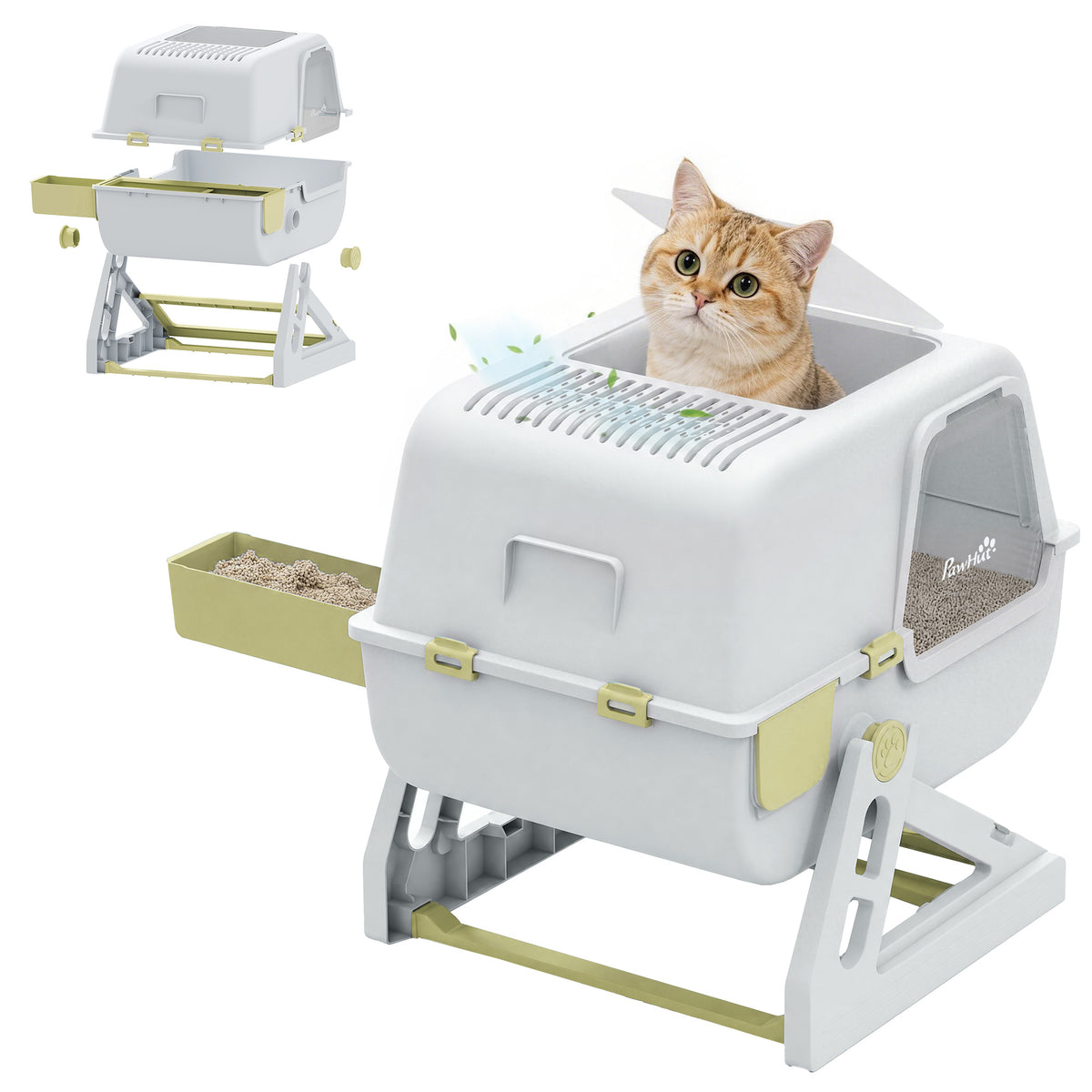 Semi-Automatic Quick Cleaning Cat Litter Box with Lid, Enclosed Cat Litter Box, Flip-to-Clean, Yellow