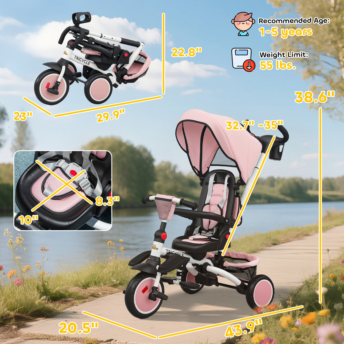 Qaba 6 in 1 Kids Tricycle with Adjustable Push Handle, Removable Canopy, Reversible Seat, for 1-5 Years, Pink