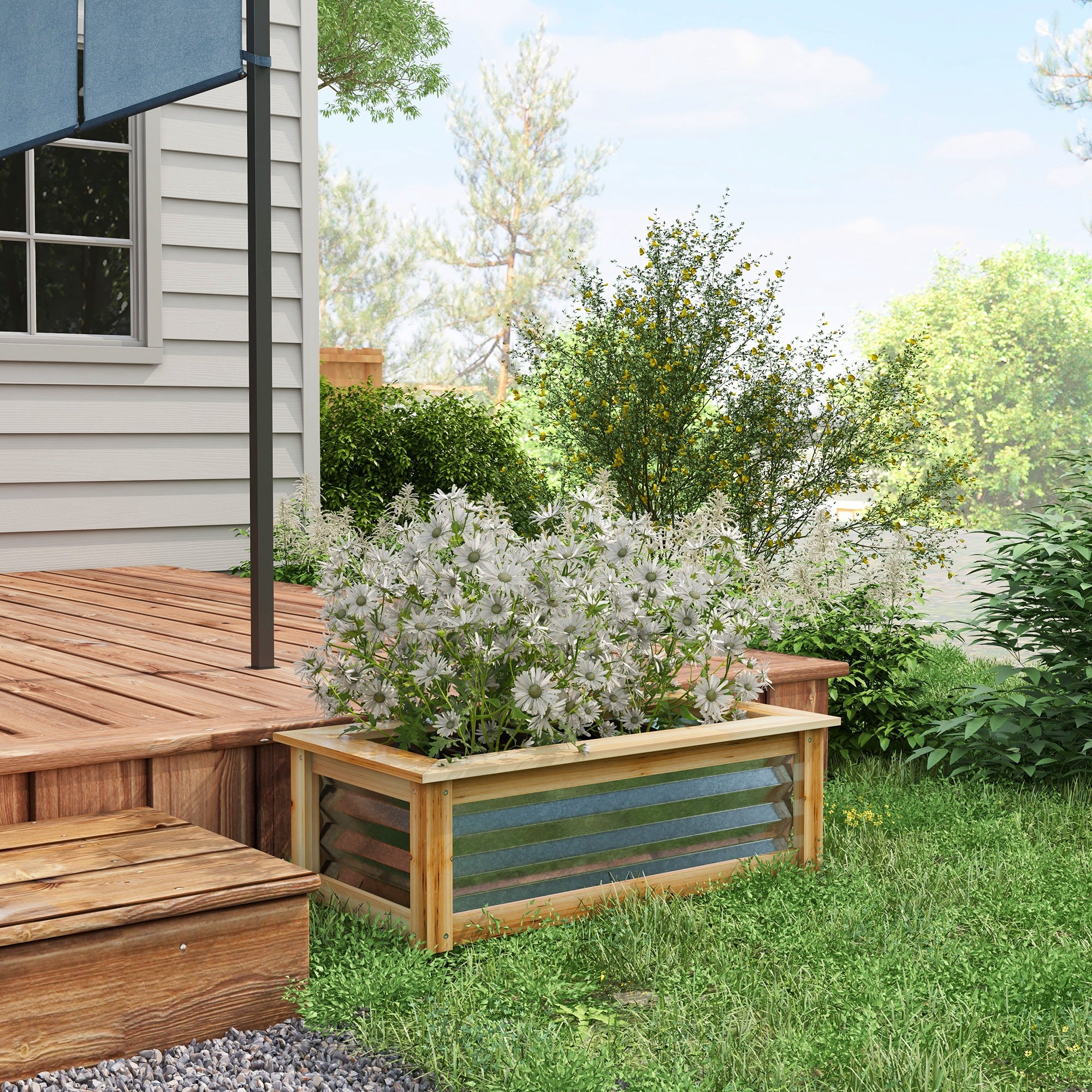 Raised Garden Bed, Planter Box, Metal and Wood Combined, for Growing Flowers, Herbs and Vegetables - Silver, Natural - Image 7