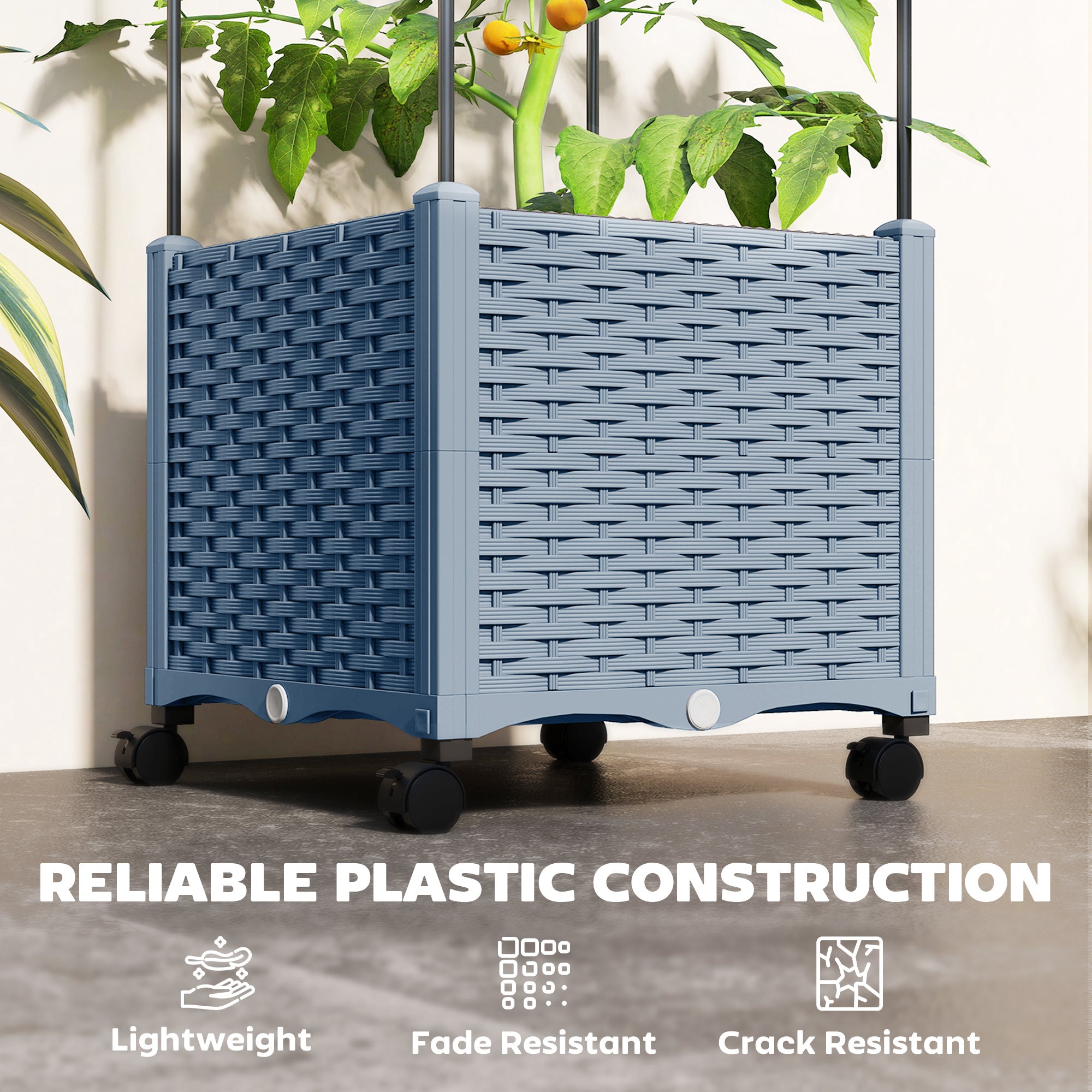 Raised Garden Bed with Trellis, Tomato Cage with Lockable Wheels, Self Watering Planter Box with Drainage Holes, Gray - Gray - Image 8