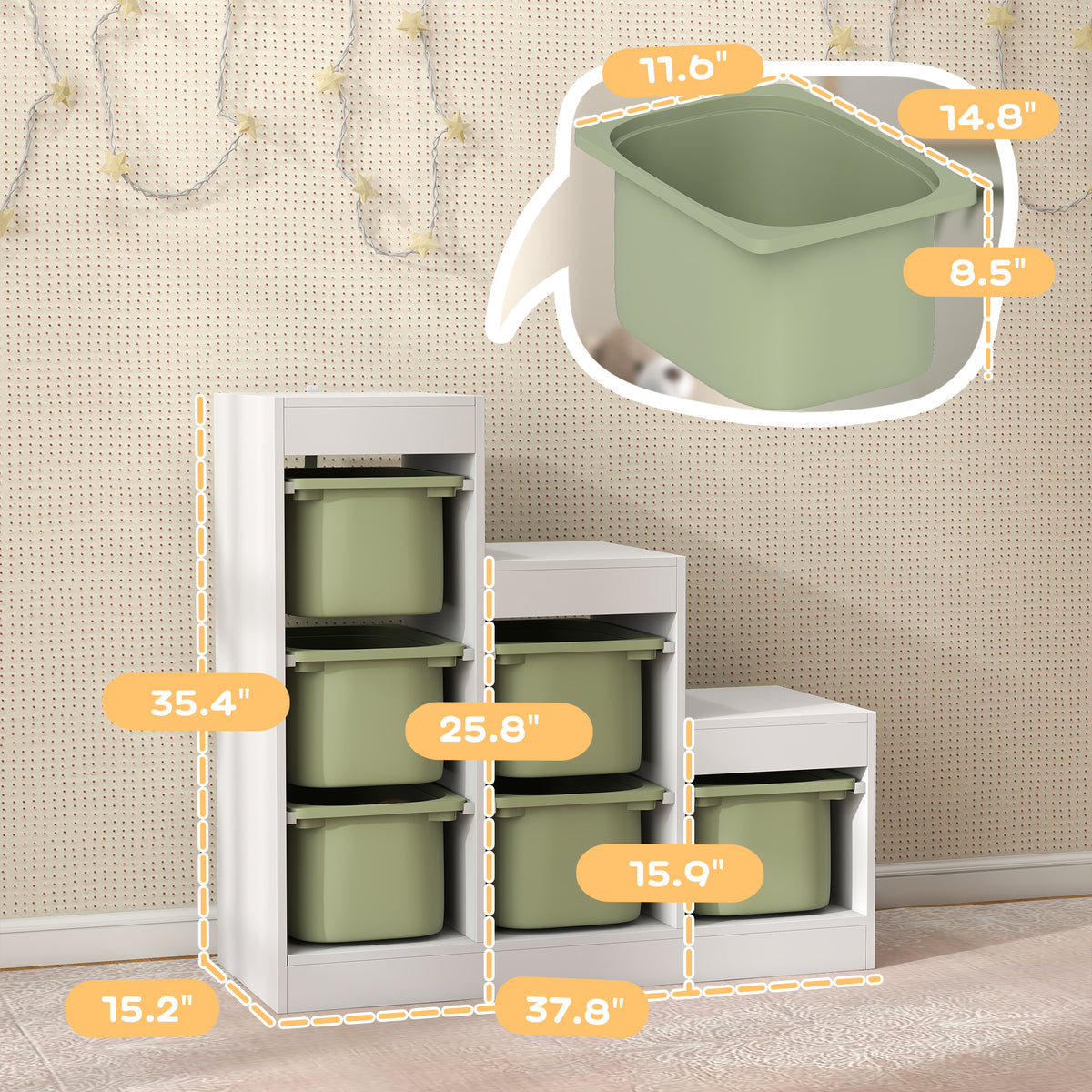 3 Layers Kids Toy Storage Organizer with 6 Storage Bins, Kids Bookshelf for Ages 3-8 Years, Play Room, Bedroom, Green