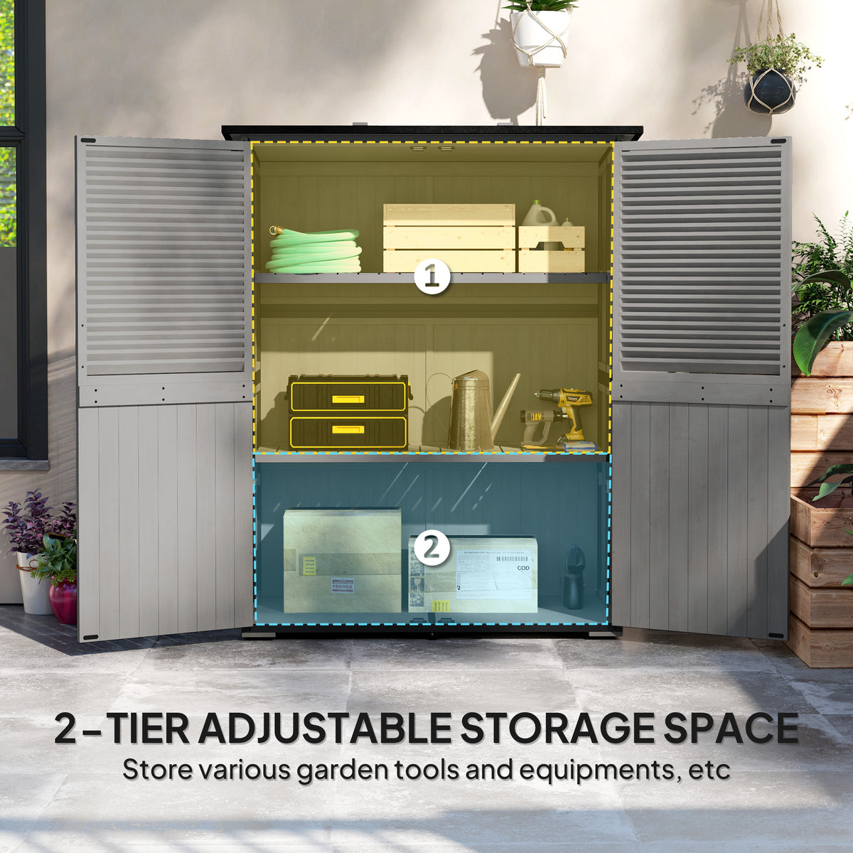 Wood Storage Shed, Outdoor Garden Shed with Asphalt Roof, 2 Shelves, Lockable Doors and Adjustable Feet, Gray