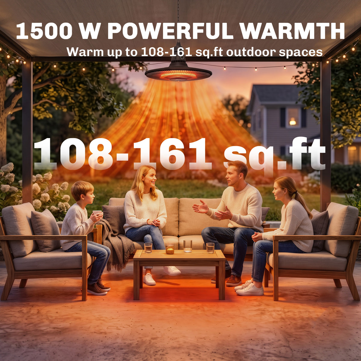 1500W Electric Patio Heater, IP65 Hanging Infrared Outdoor Heater with Carbon Fiber Tube, Remote Control, Black