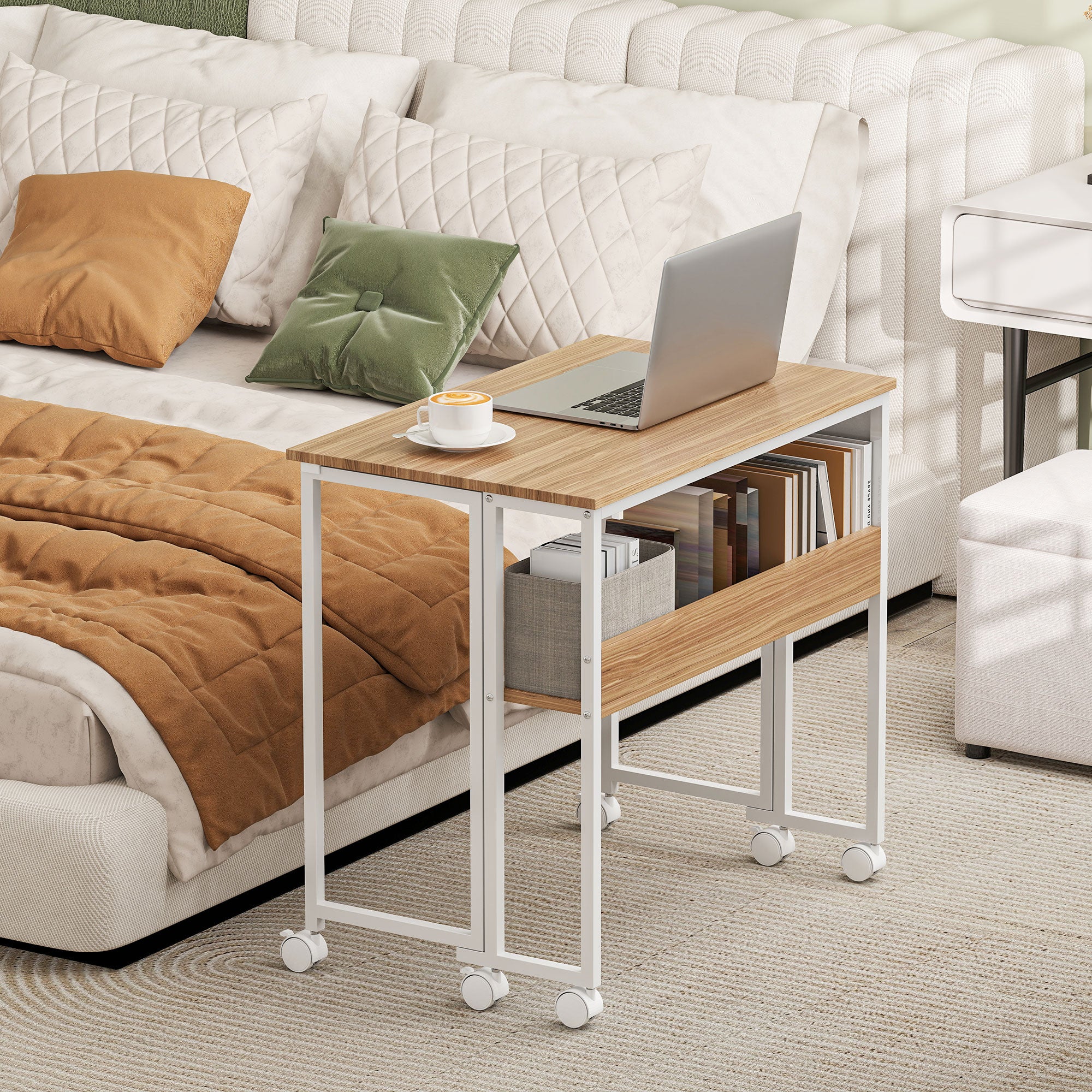 Folding Computer Desk, Foldable Desk with Storage Bag, Shelf and Wheels for Small Spaces, Home Office, Natural Wood