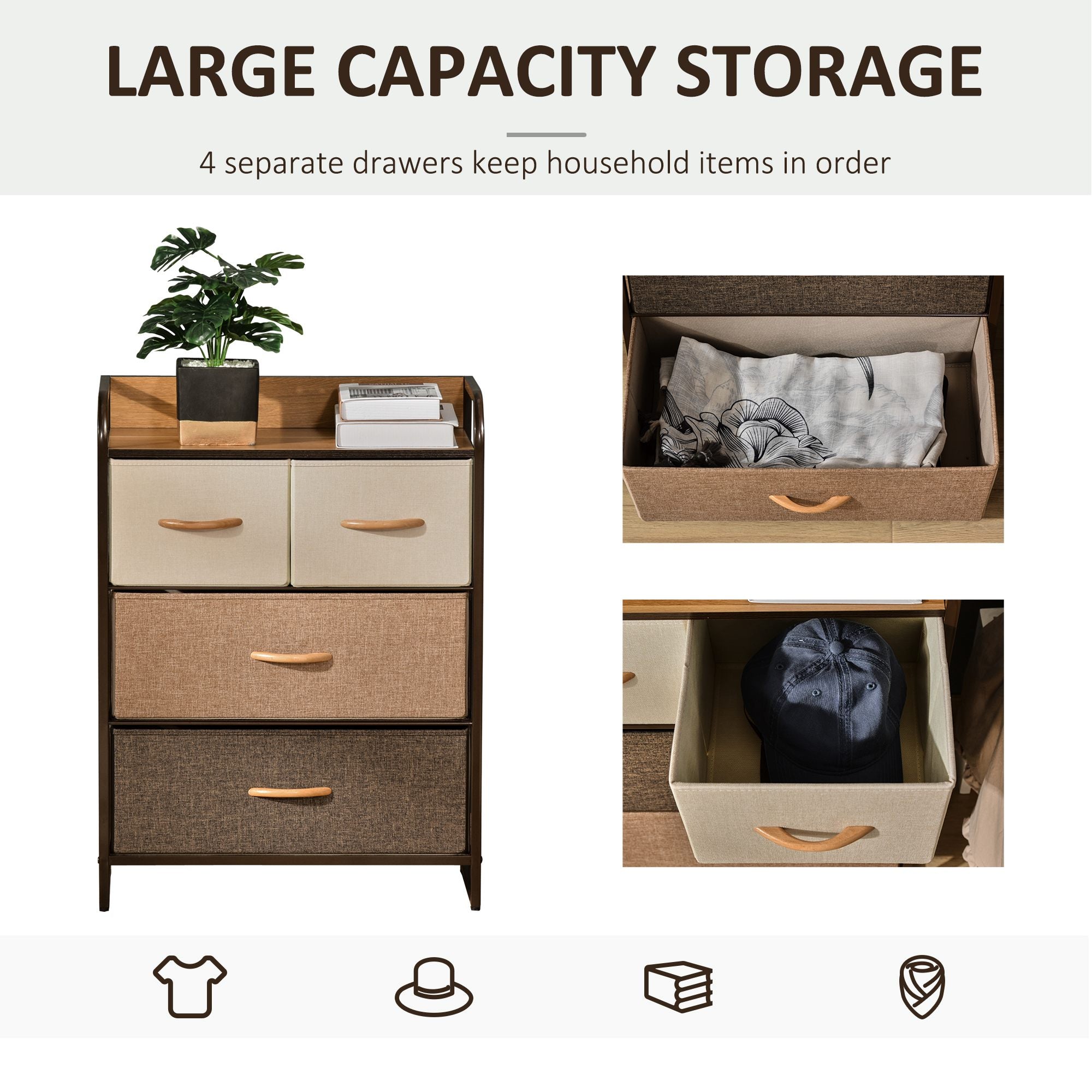 4-Drawer Dresser, 3-Tier Storage Tower with Steel Frame for Bedroom, Nursery Room, Multicolored