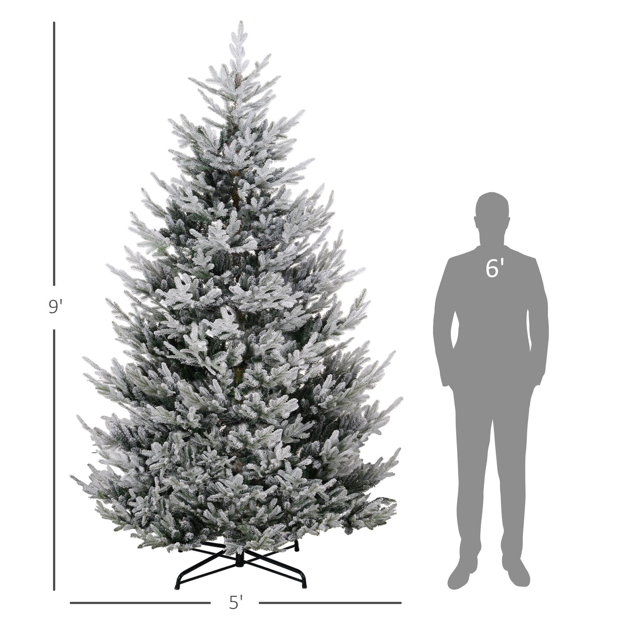 9 FT Artificial Christmas Tree, Flocked Hinged Xmas Tree with 1939 Tips, Steel Base, Auto Open, Green