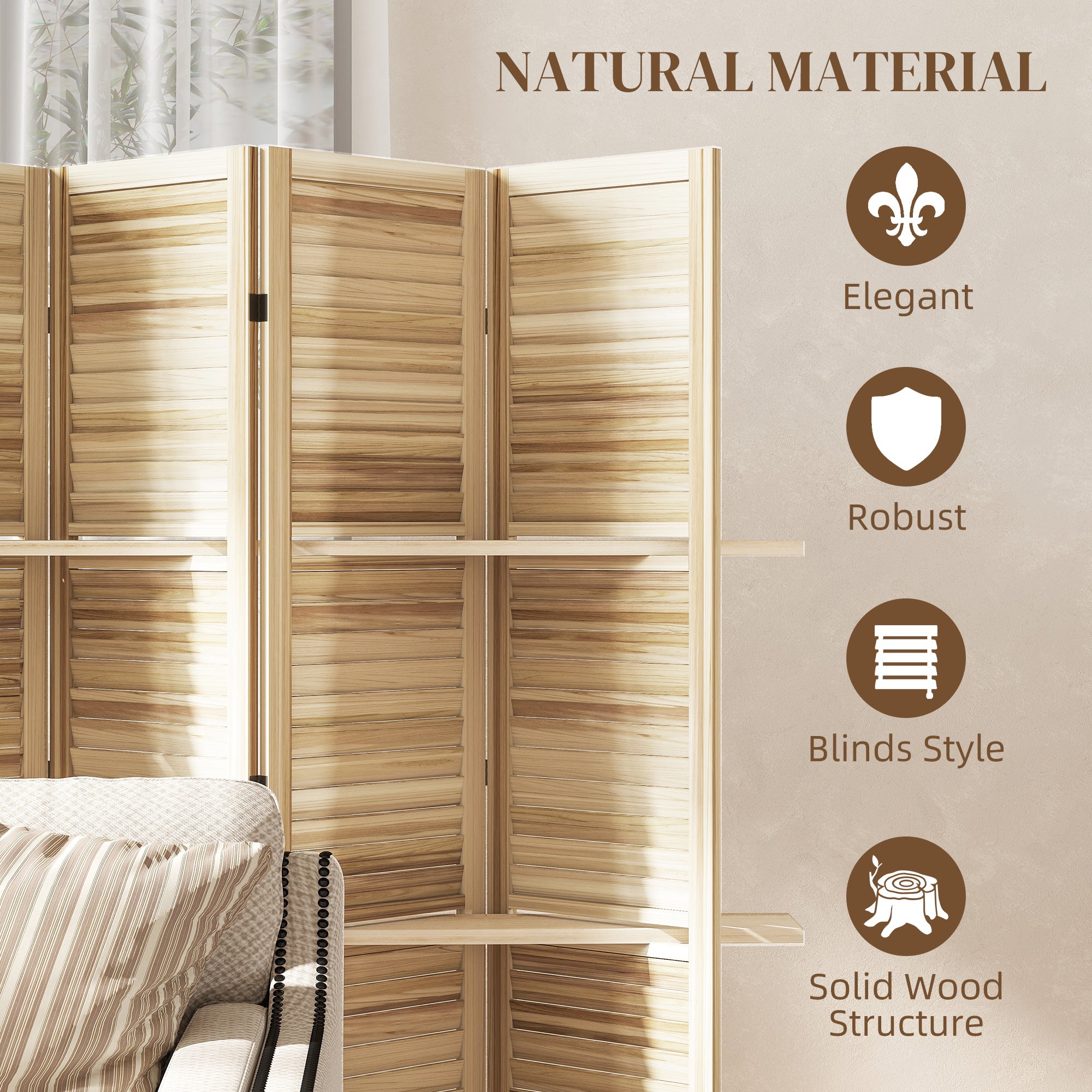 5 Panel 67" Tall Wood Privacy Screen Room Divider with 3 Shelves and Folding Storage for Bedroom, Natural Wood