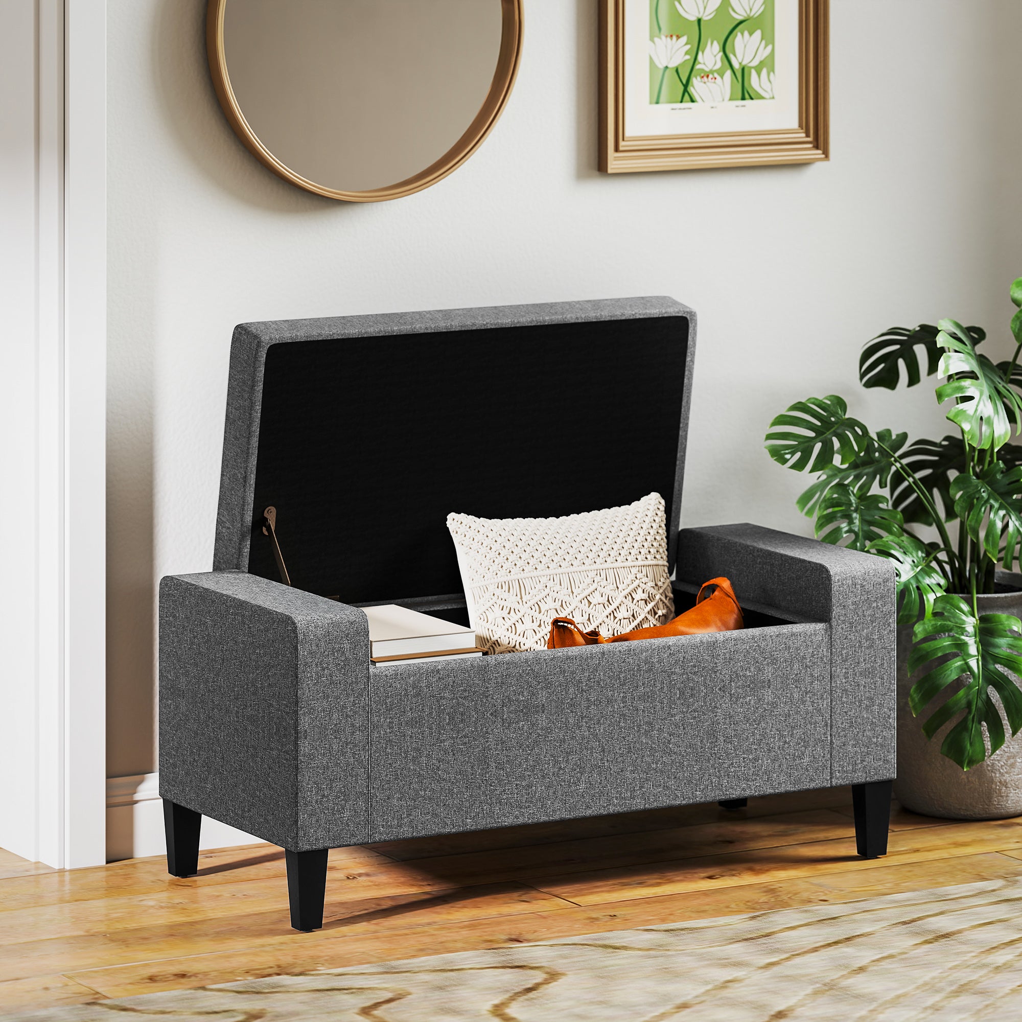 36" Ottoman with Storage, Storage Ottoman Bench with Lift Top and Rubberwood Legs, Linen Upholstered Entryway Bench with Seating for Living Room, Bedroom, Holds up to 330 lb, Gray