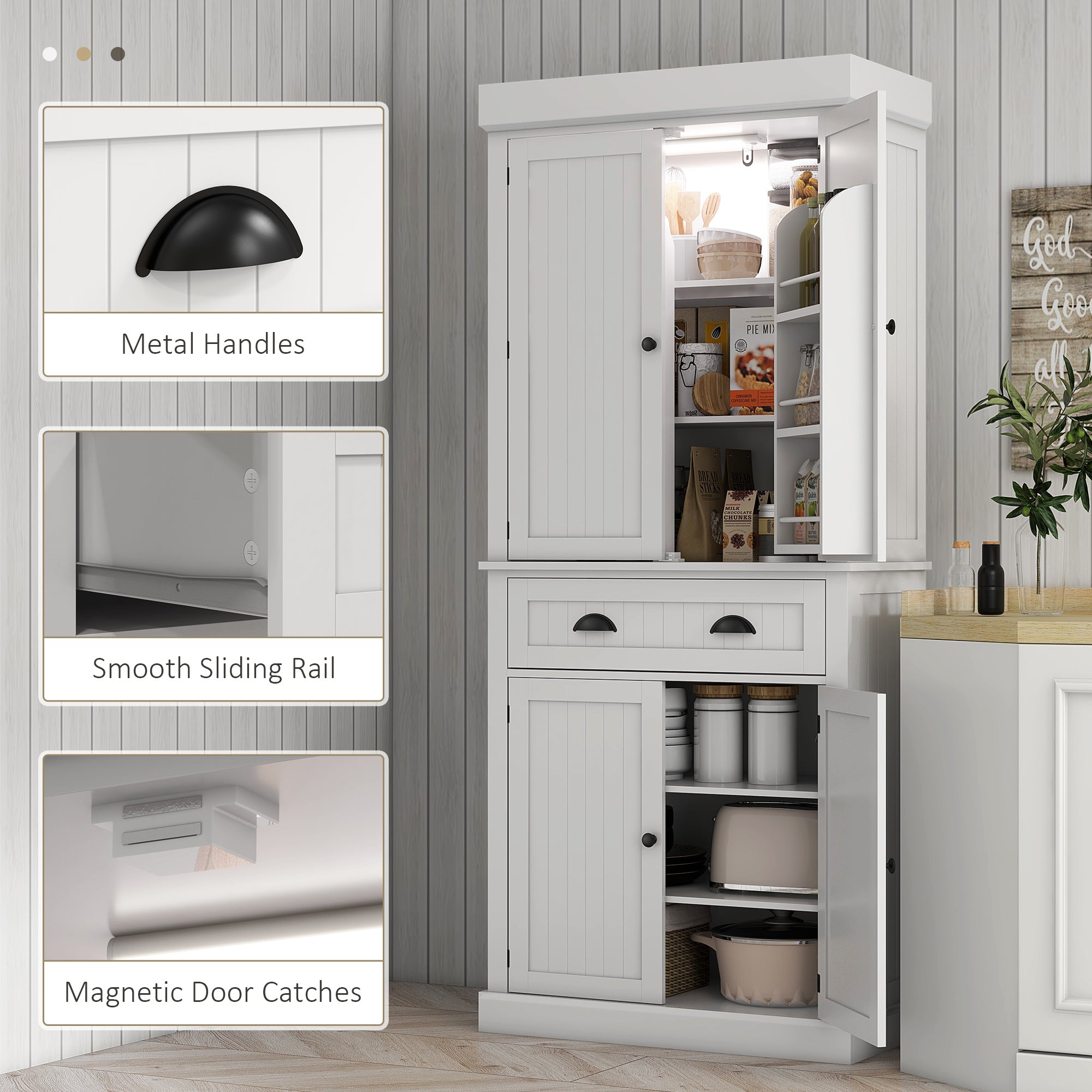 71" Kitchen Pantry Cabinet with LED Lights, 6 Door Shelves, a Drawer and 4 Adjustable Shelves, White