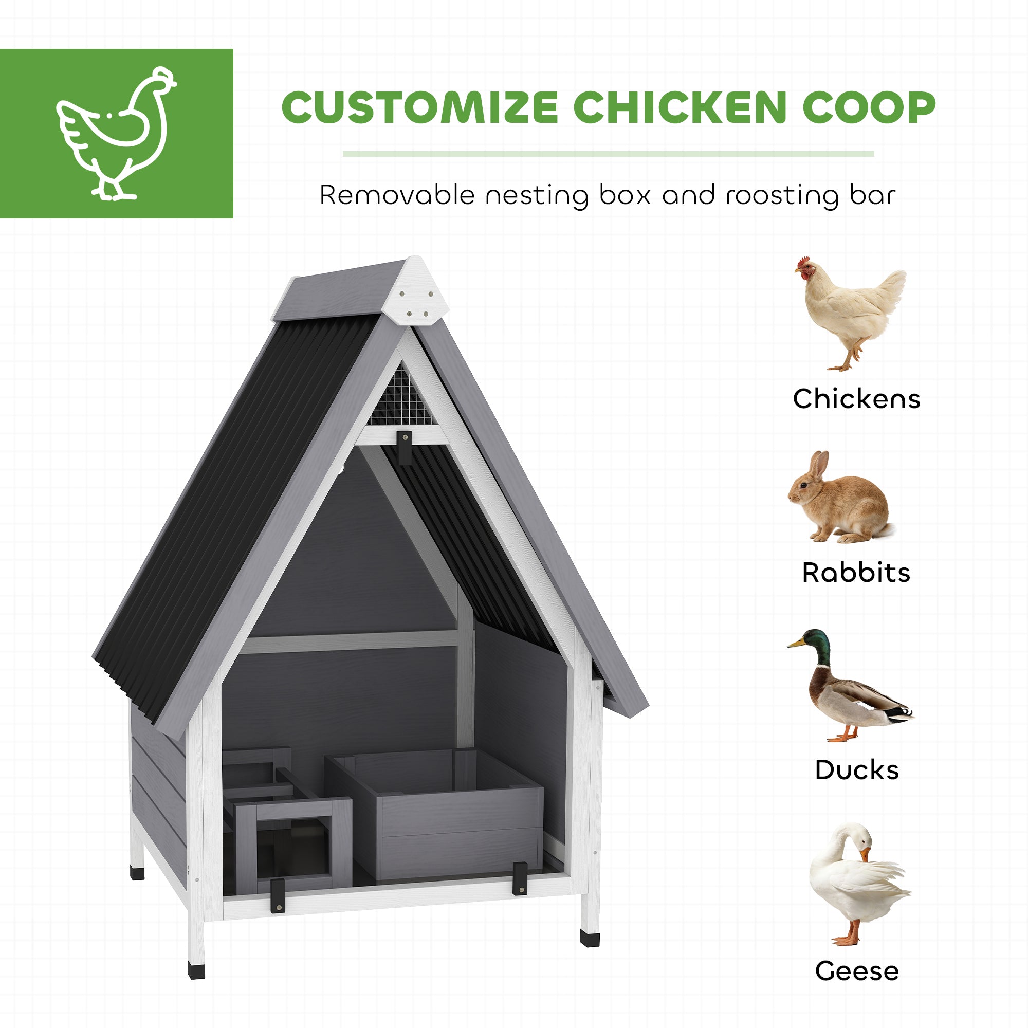 Chicken Coop for 2 Chickens, Outdoor Wooden Chicken House with Removable Nesting Box & Roosting Bar, Tray, Ramp - Gray - Image 6