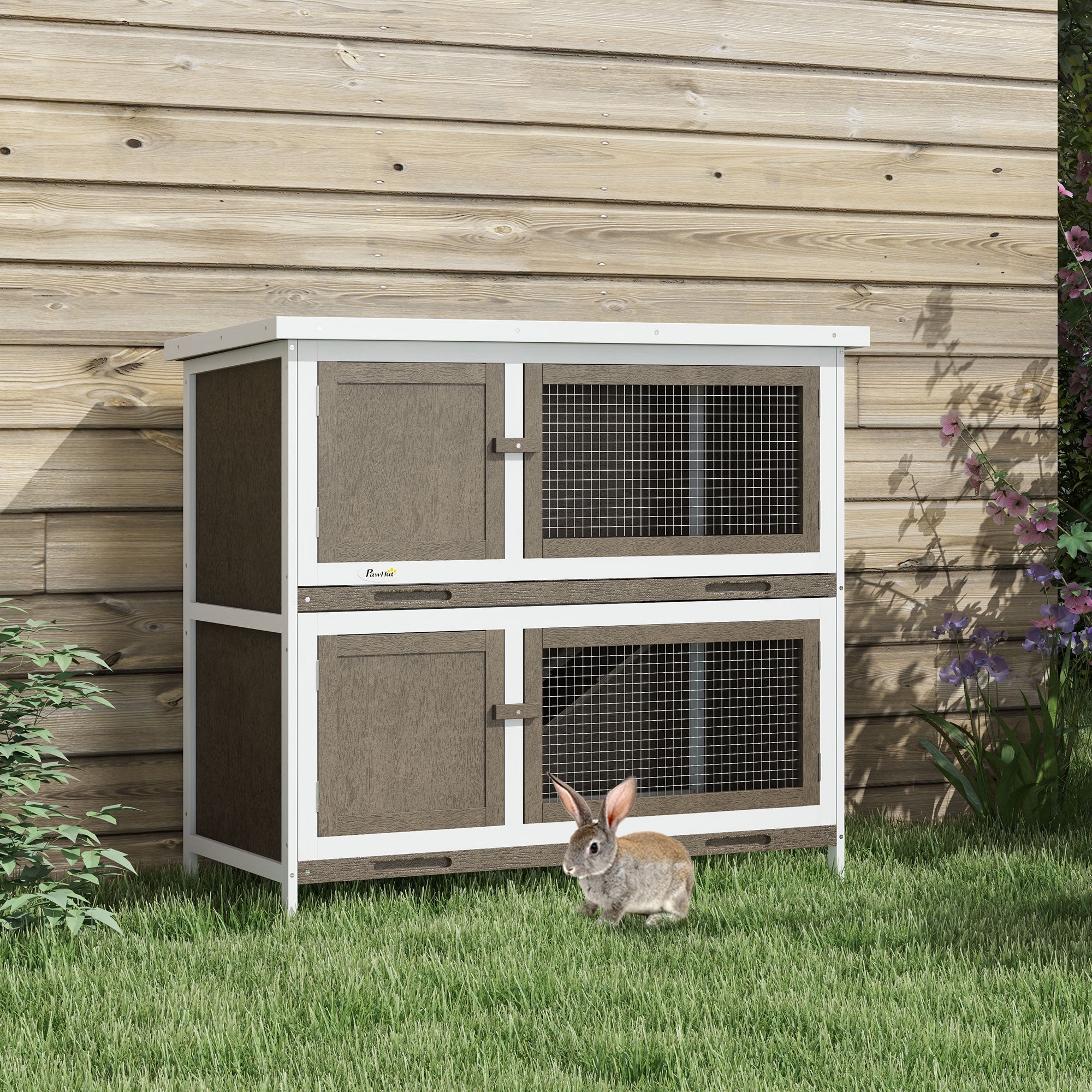 Wooden Bunny Hutch with Ramp, Indoor/Outdoor, Brown - Brown - Image 2