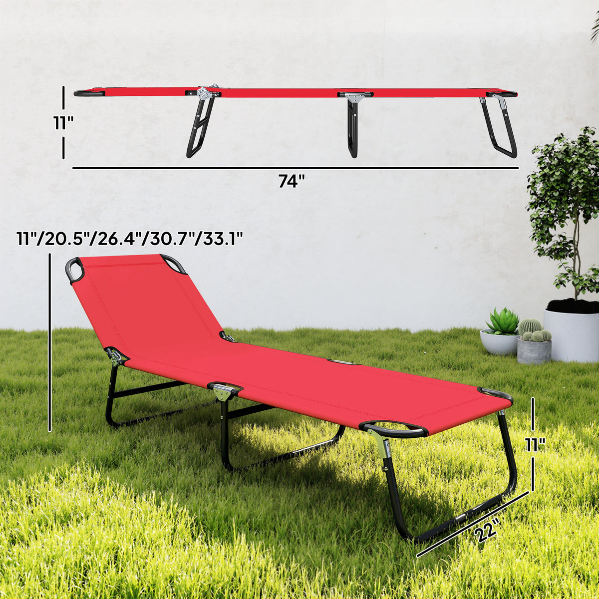 Folding Chaise Lounge Pool Chairs, Outdoor Sun Tanning Chairs with 5-Level Reclining Back, Steel Frame for Beach, Yard, Patio, Red