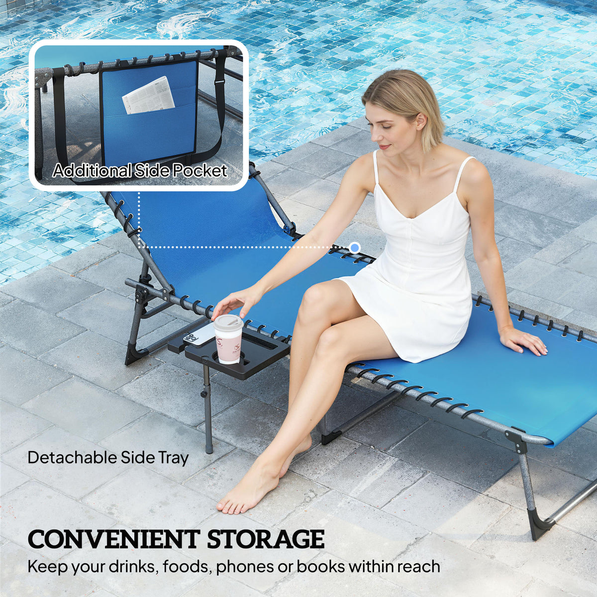 Folding Outdoor Chaise Lounge Chair Tanning Chair with 5-Level Adjustable Back, Side Table, Pillow, Pocket, Blue