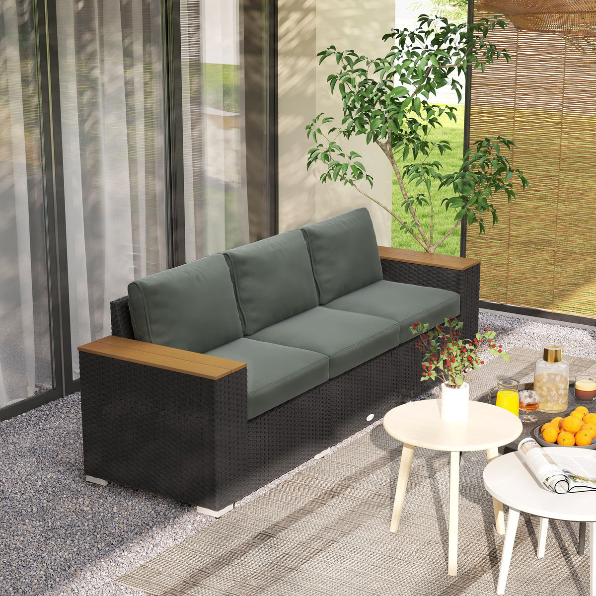3-Seat Outdoor Patio Sofa, PE Wicker Outdoor Couch with Extra Wide Deep Seat, Wide Armrests 4" Cushions, Dark Gray