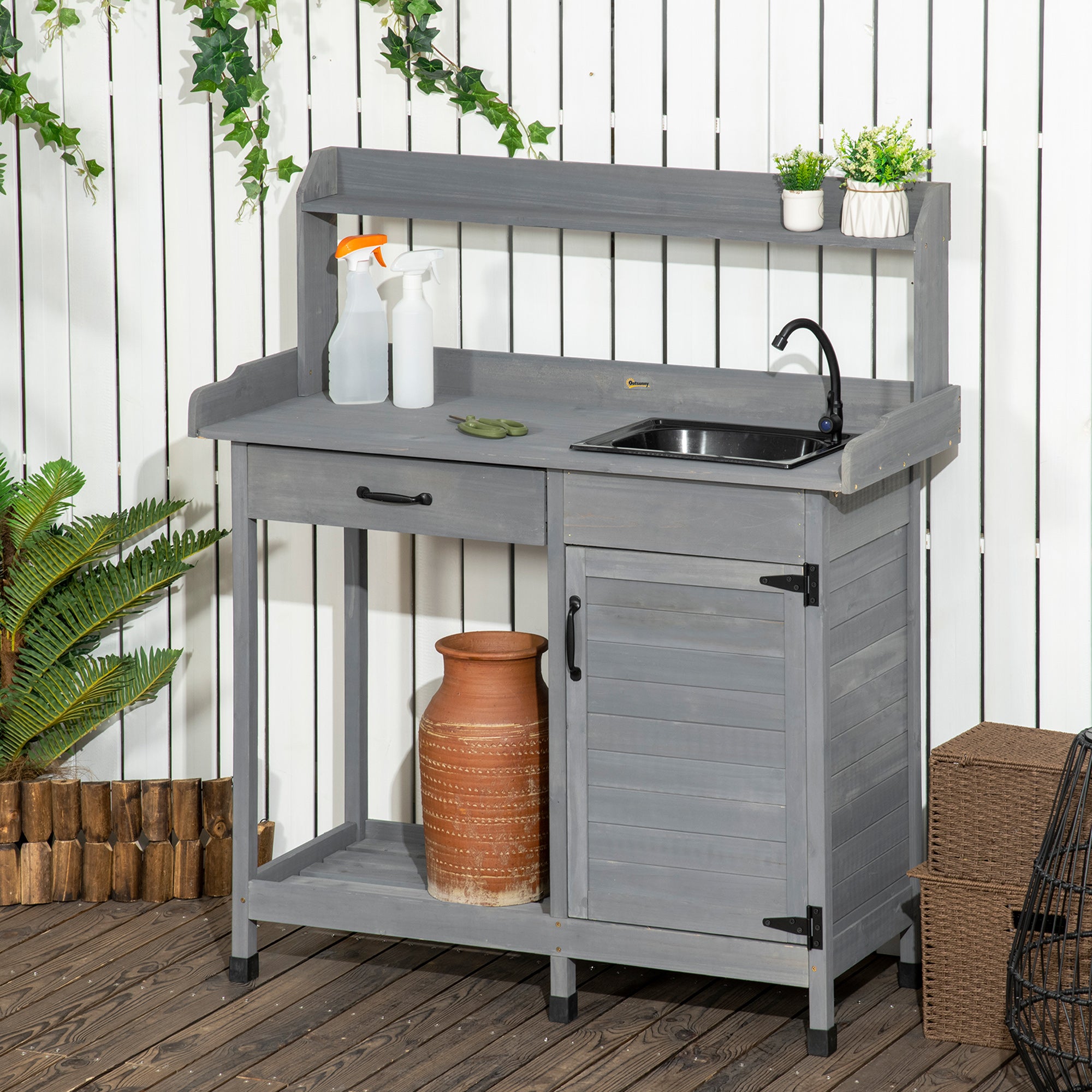 Potting Bench Table with Sink, Outdoor Work Bench Table with Storage Cabinet, Hooks, Removable Sink, Faucet and Drawer for Greenhouse, Garden, Patio, Gray - Gray - Image 2