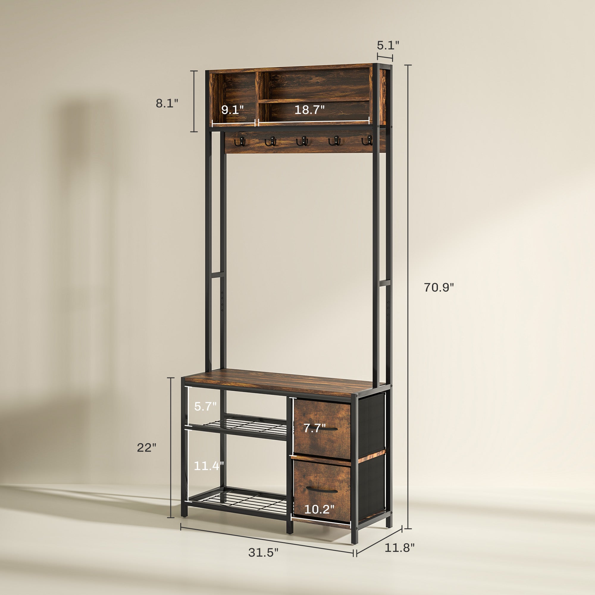 Hall Tree with Bench and Shoe Storage, 5-in-1 Entryway Bench with Coat Rack, 3 Storage Shelves, 2 Fabric Drawers, Brown