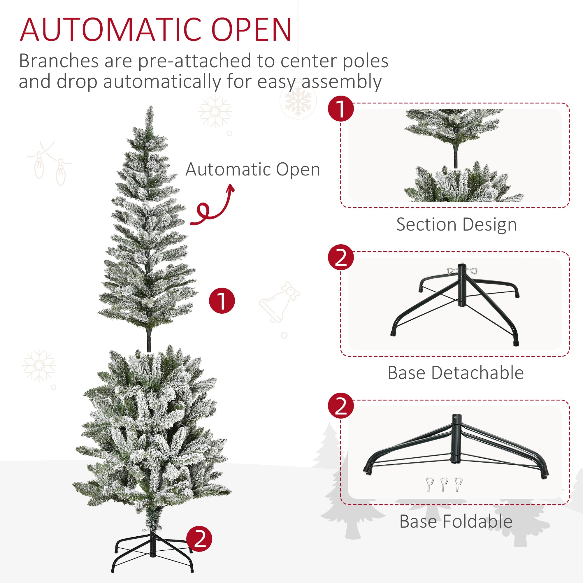 6ft Unlit Snow-Flocked Slim Pine Artificial Christmas Tree with Realistic Branches and 394 Tips