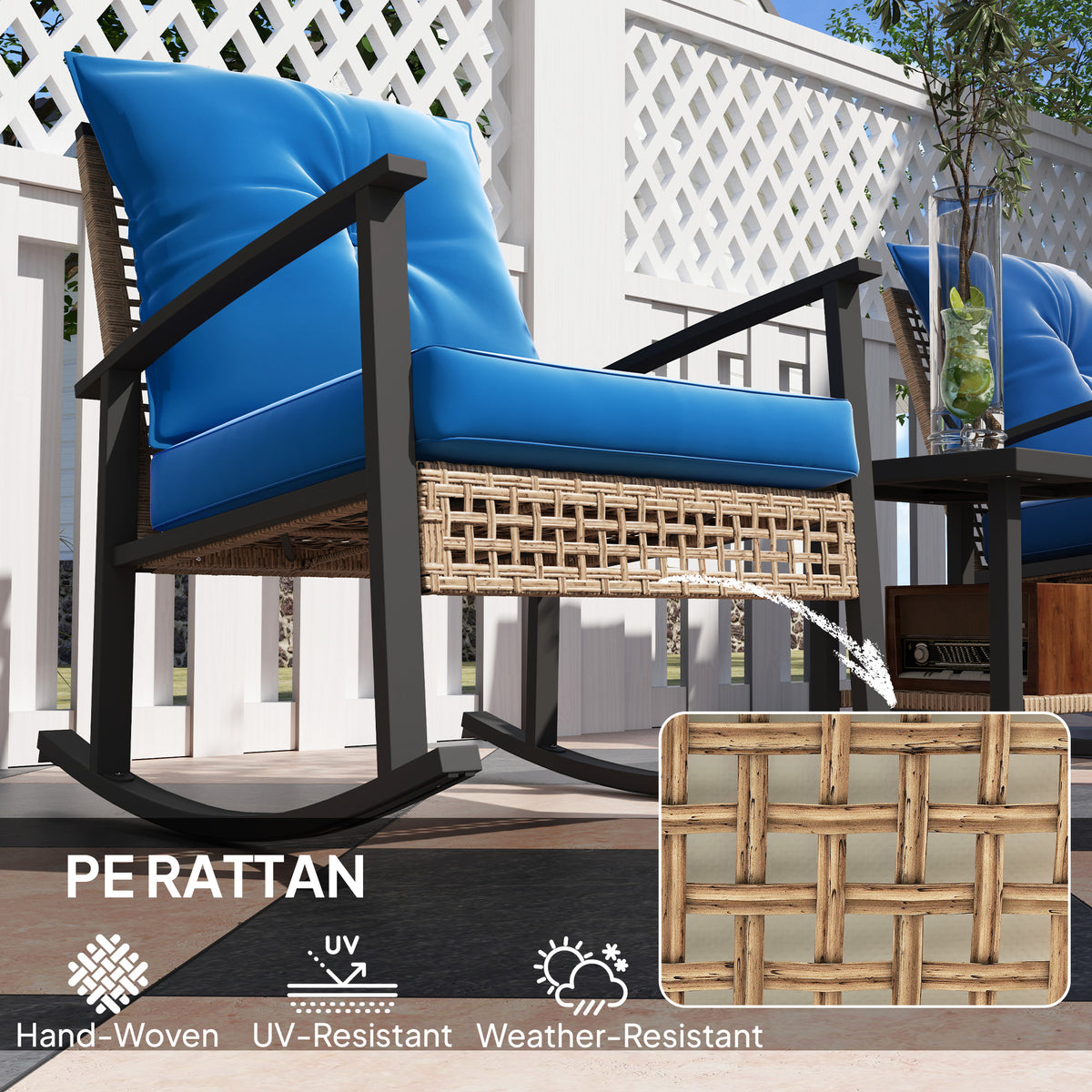 3 Pieces Bistro Set, Patio Wicker Furniture Set with Button Tufted Cushions, Rattan Rocking Chairs, Coffee Table, Blue