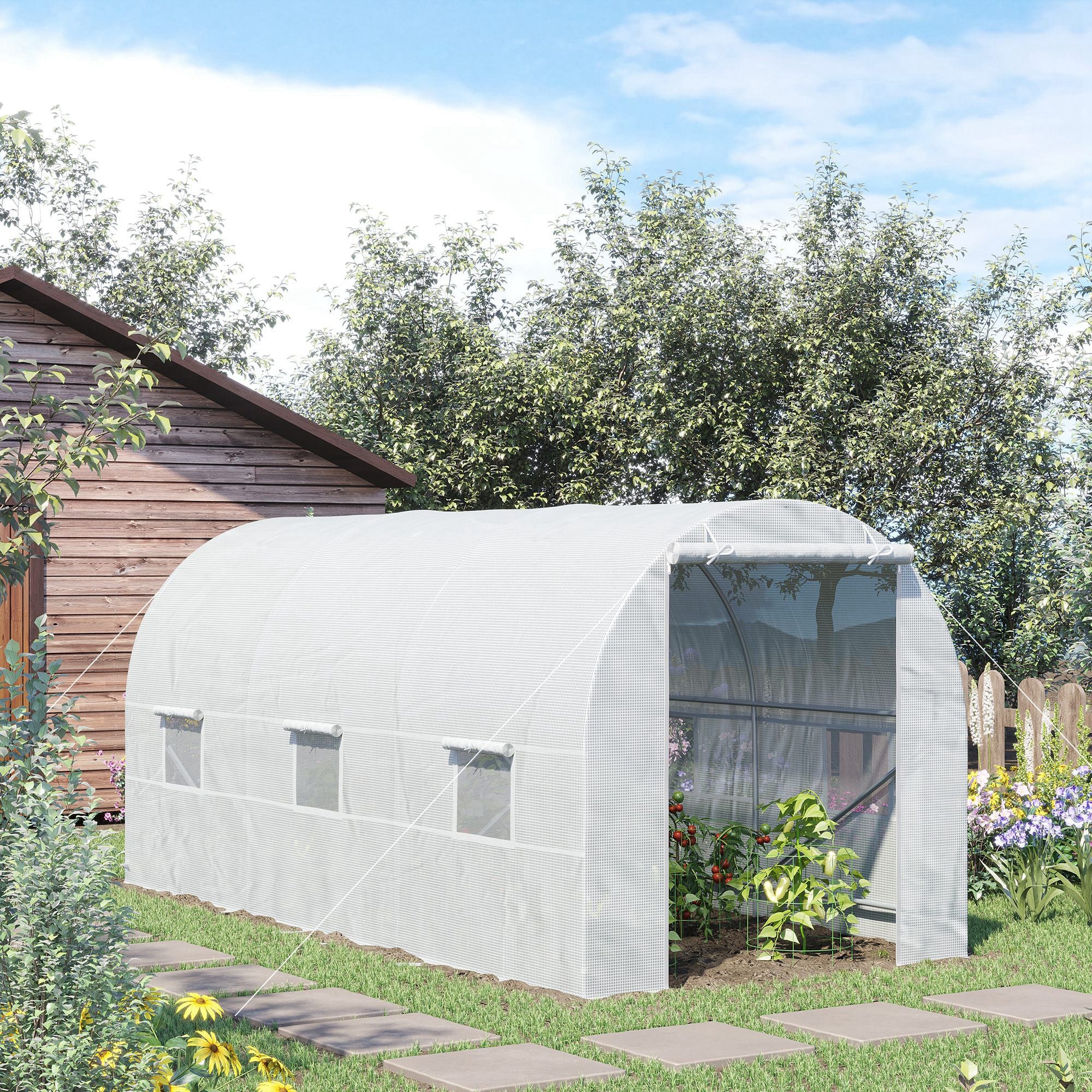 15' x 7' x 7' Walk-In Tunnel Greenhouse, Large Garden Hot House Kit with 6 Roll-up Windows & Roll Up Door, Steel Frame, White - White - Image 8