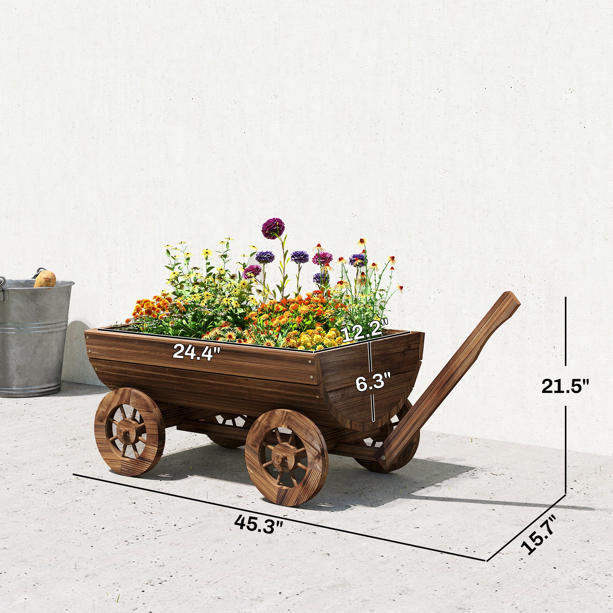 Wooden Wagon Planter Box, Mobile Garden Planter with 4 Wheels, Small Wheelbarrow Wagon Flower Cart with Drainage Hole - Carbonized - Image 3