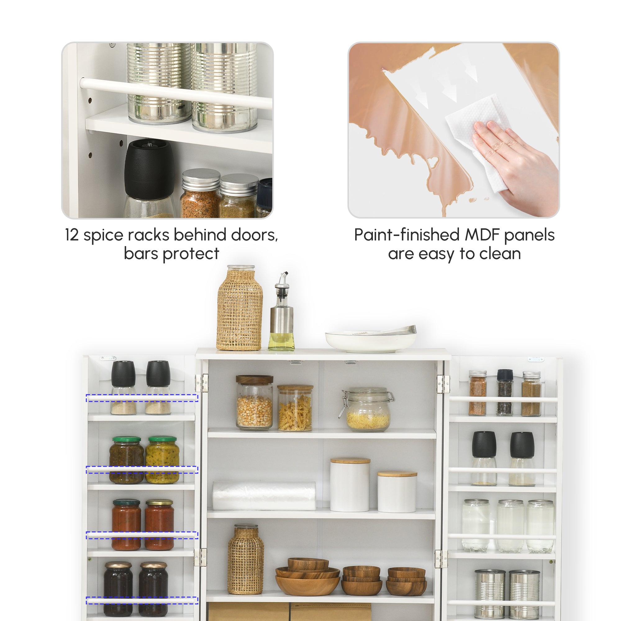 Freestanding Kitchen Pantry Cabinet, Kitchen Sideboard Cabinet with 12 Door Shelves, Double Doors, 5-tier Shelving, Paper White
