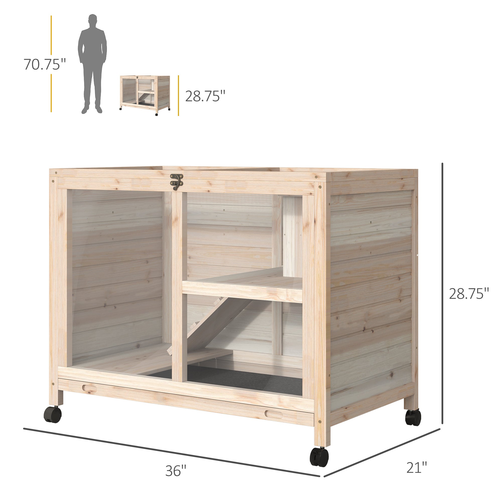 Rabbit Hutch with Wheels, Desk and Side Table Sized, Wooden Rabbit Cage, Waterproof Small Bunny Cage with Removable Tray, Openable Roof, for Rabbits, Chickens, Ducks, Indoor/Outdoor, Natural - Natural Wood - Image 3