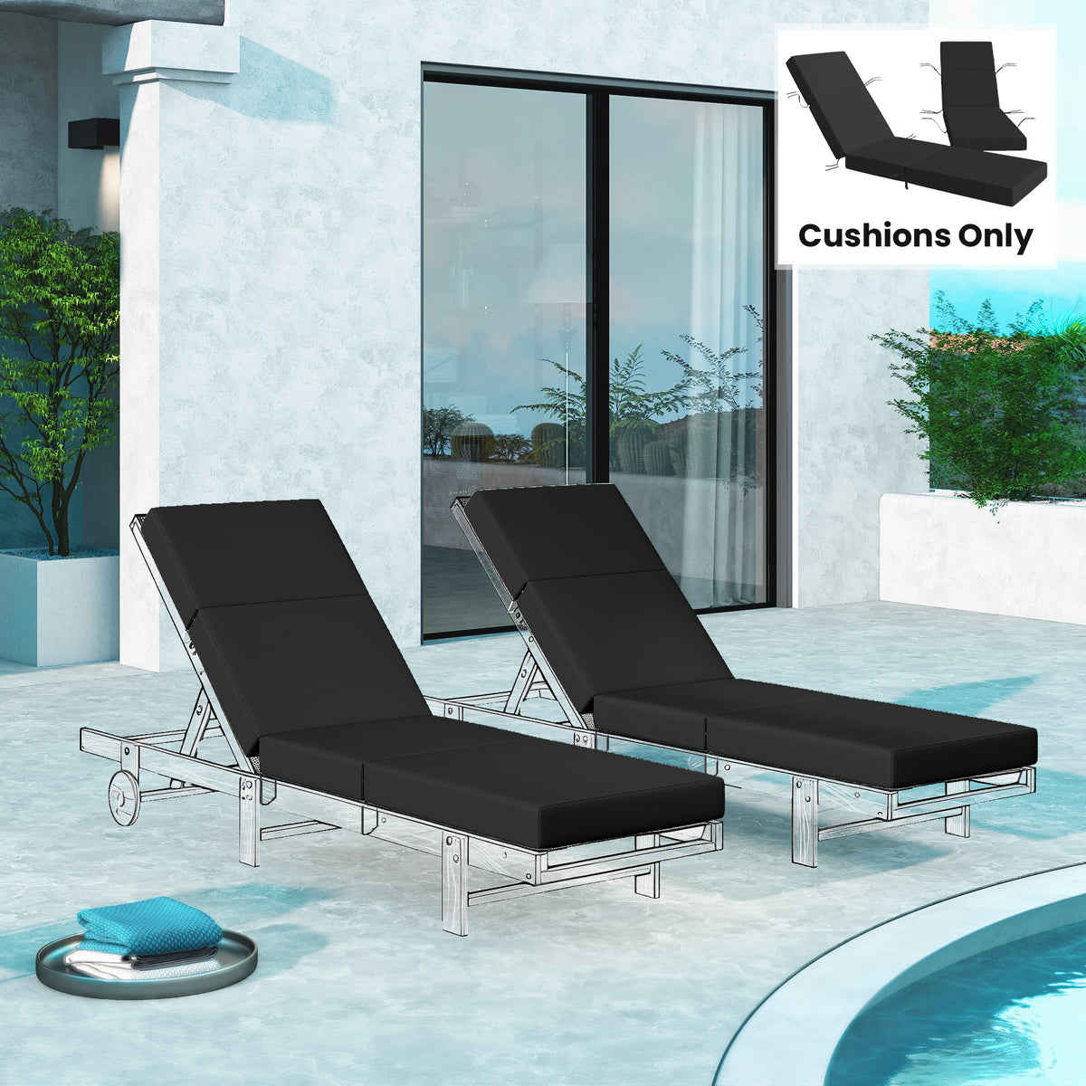 Set of 2 Chaise Lounge Cushion, 4" Thick Outdoor Lounge Chair Cushions with Ties for Patio, 21" x 72", Gray