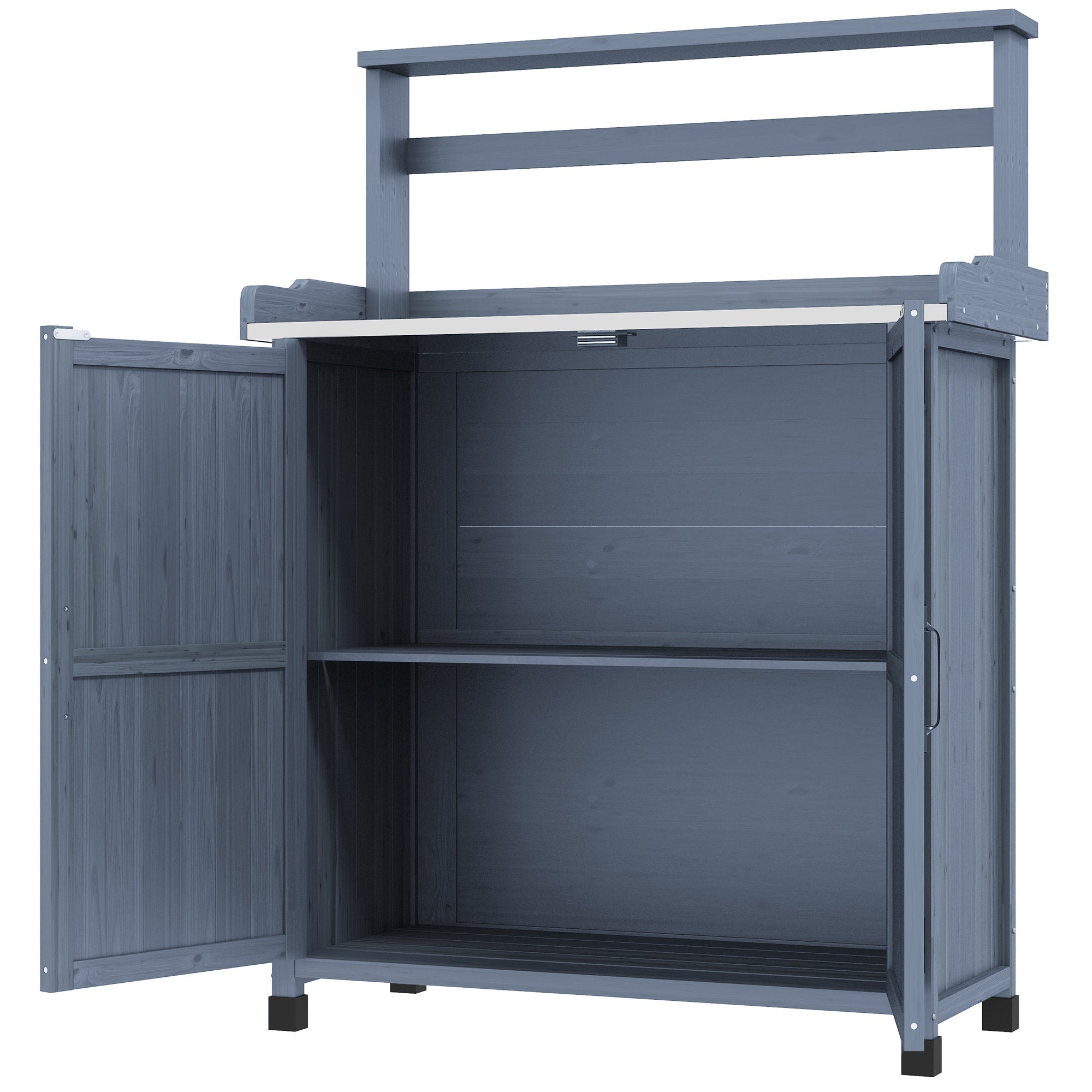 Outdoor Wooden Potting Bench with Storage Cabinet, Shelves, Galvanized Plated Tabletop for Backyard, Balcony, Gray - Gray