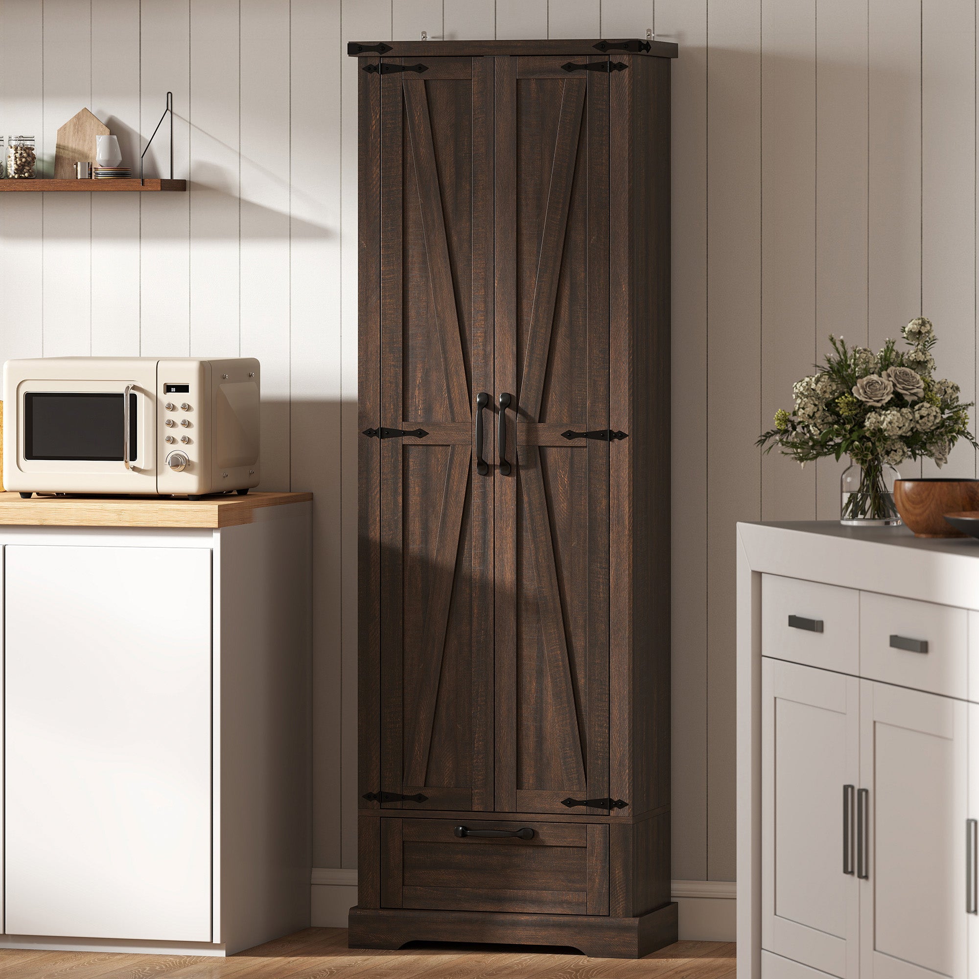 71" Pantry Cabinet, Kitchen Storage Cabinet with Adjustable Shelves, Barn Doors and Drawer for Dining Room, Brown