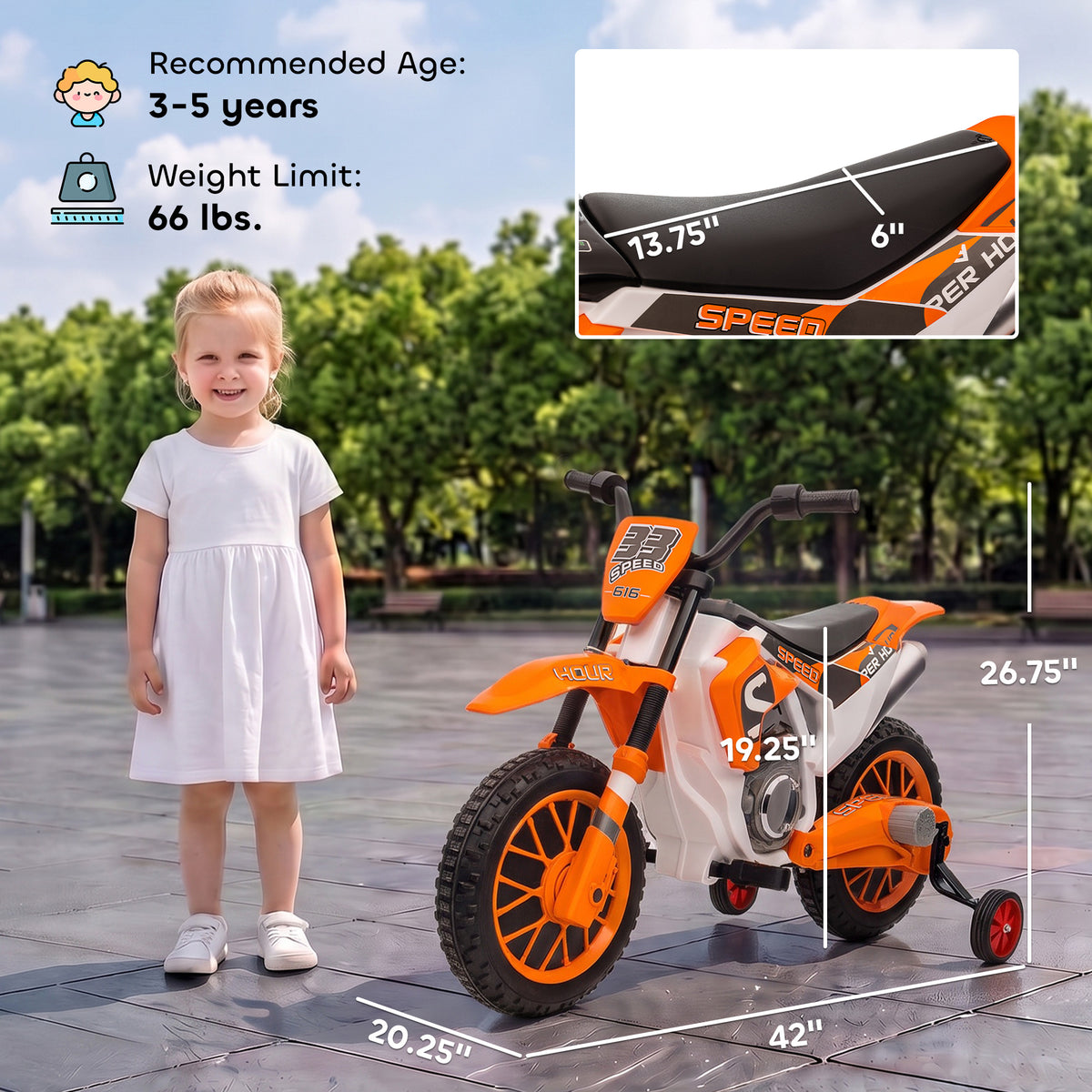 12V Kids Motorcycle with Dual Motors, Training Wheels, Rear Suspension, Soft Start, Max Speed 5 MPH, Ages 3-6, Orange