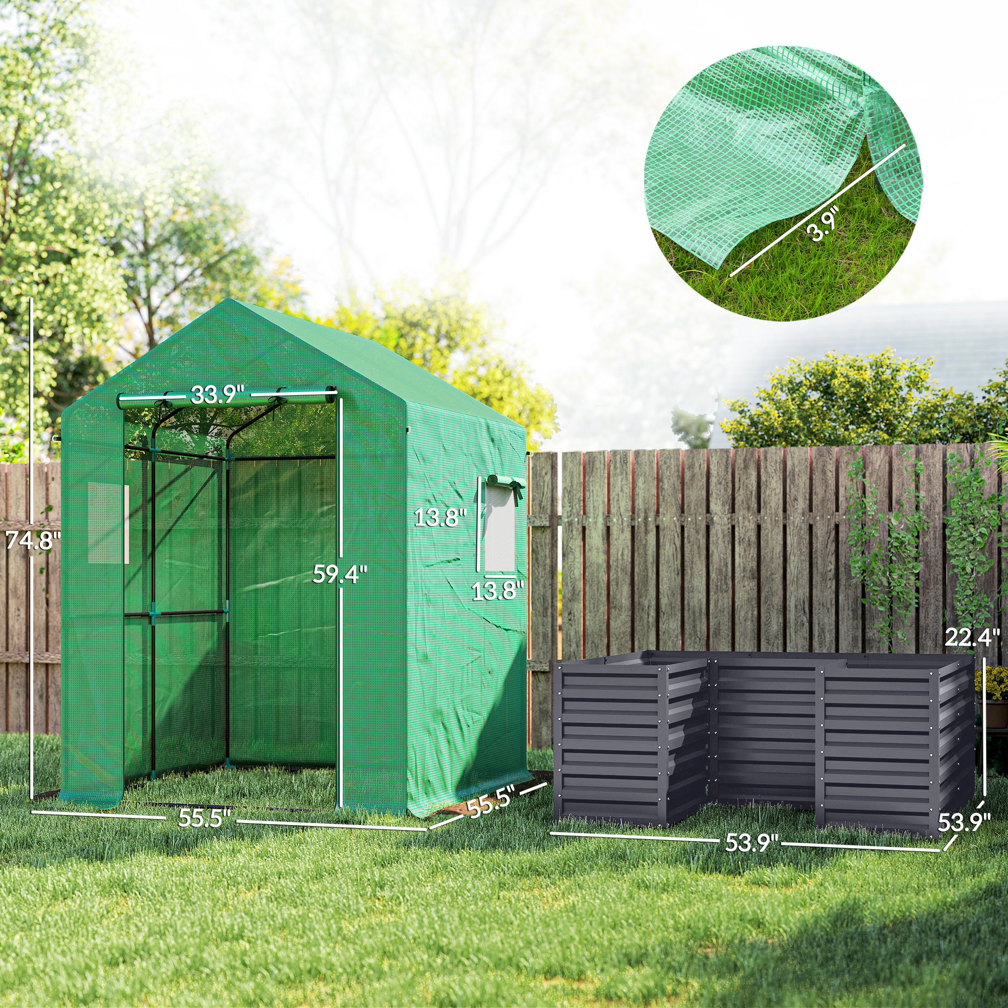 Greenhouse with Raised Garden Bed, Galvanized Steel Outdoor Greenhouse with Roll Up Door, 56" x 56" x 75", Dark Gray - Dark Gray - Image 3