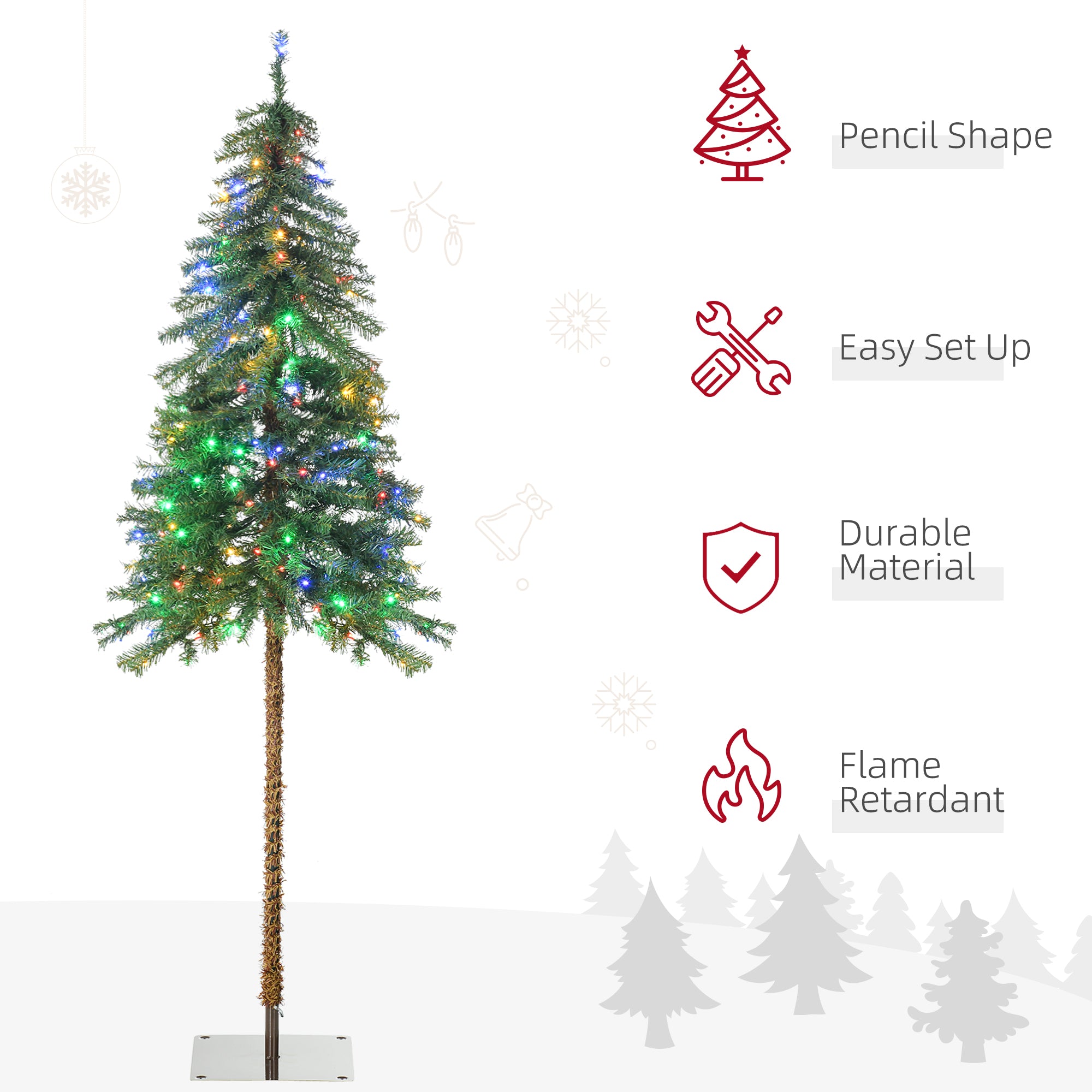 6' Artificial Christmas Trees, with Warm White or Colorful LED Lights, Pencil Shape, Steel Base