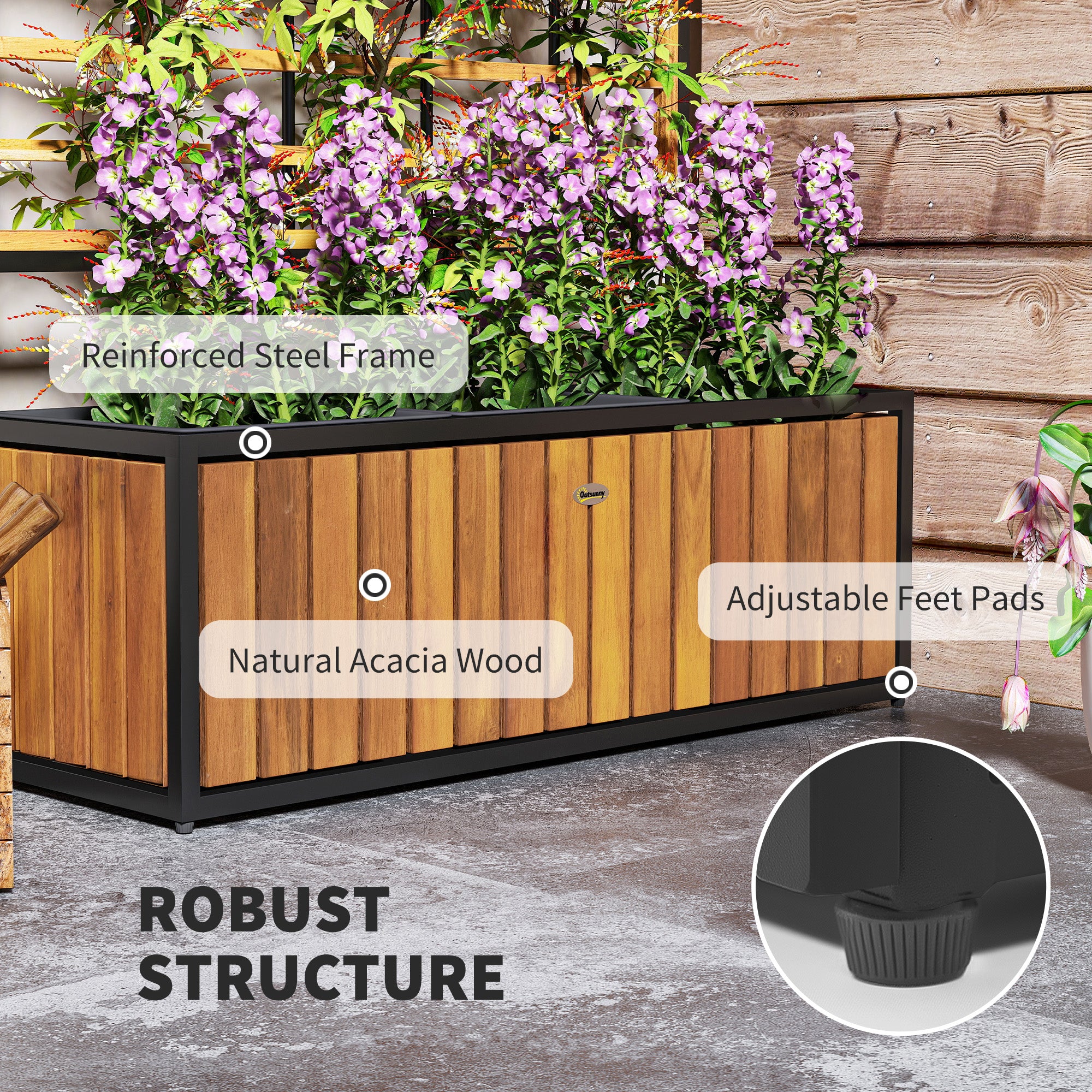 Wooden Raised Garden Bed with Trellis, Removable Pots for Backyard, Patio, Balcony, 29" x 11" x 52", Teak - Teak - Image 5
