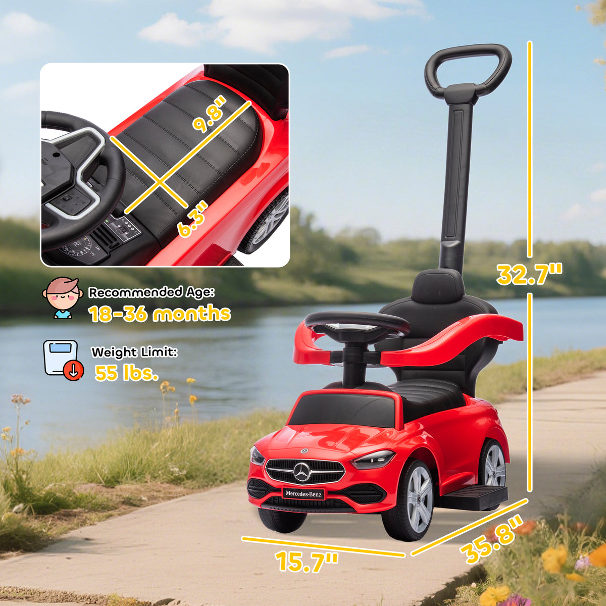 Qaba Mercedes-Benz C-Class Licensed Ride-On Push Car, Baby Stroller Walking Car with Parent Control Handle, Horn, Red