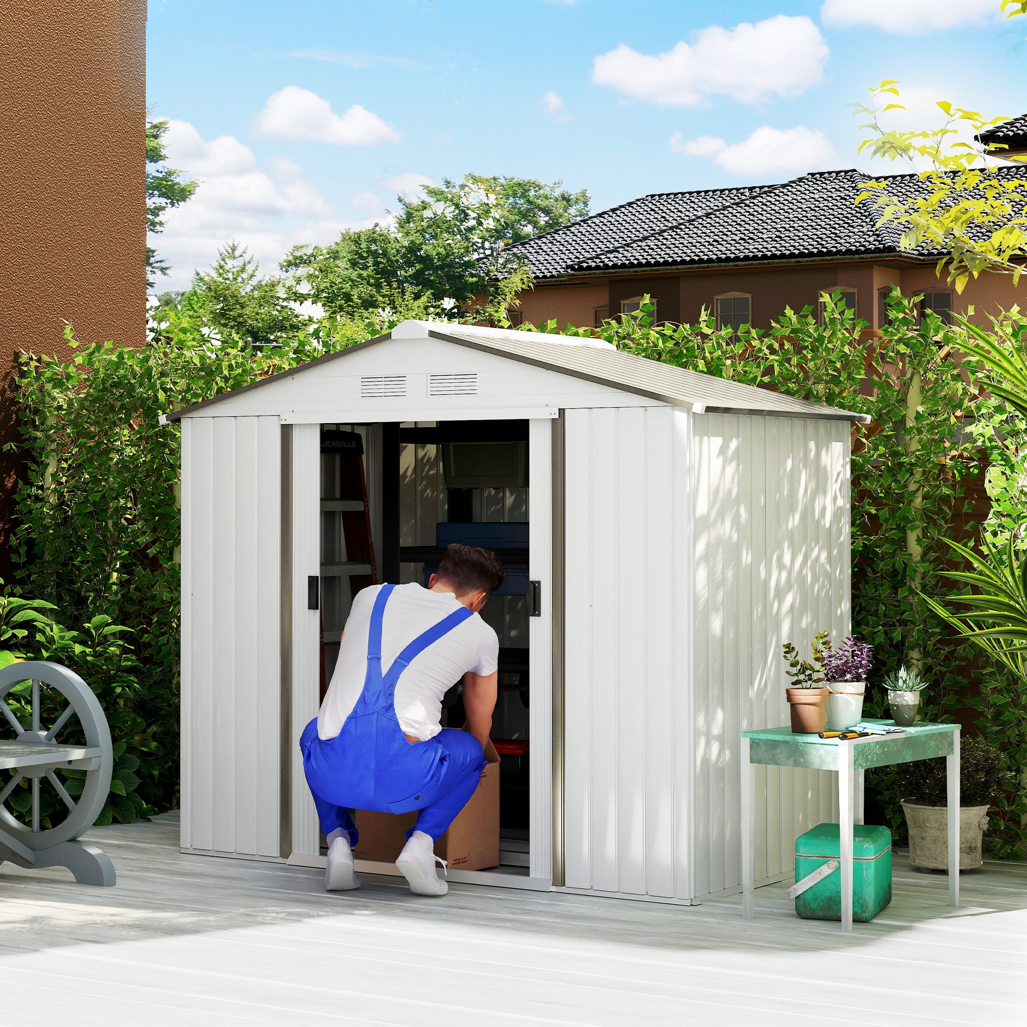 7x4 Garden Shed, Storage Shed with 4 Vents & 2 Sliding Doors, Garden Tool House for Backyard, Patio, Garage, Lawn,White - White - Image 2