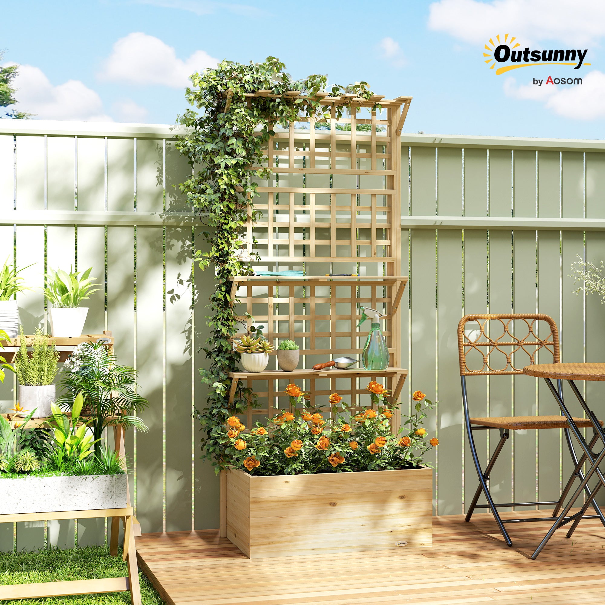 Wooden Raised Garden Bed with Trellis and Roof, Elevated Planter Box with 2 Shelves, Drainage Hole and Liner, Natural - Natural Wood - Image 2