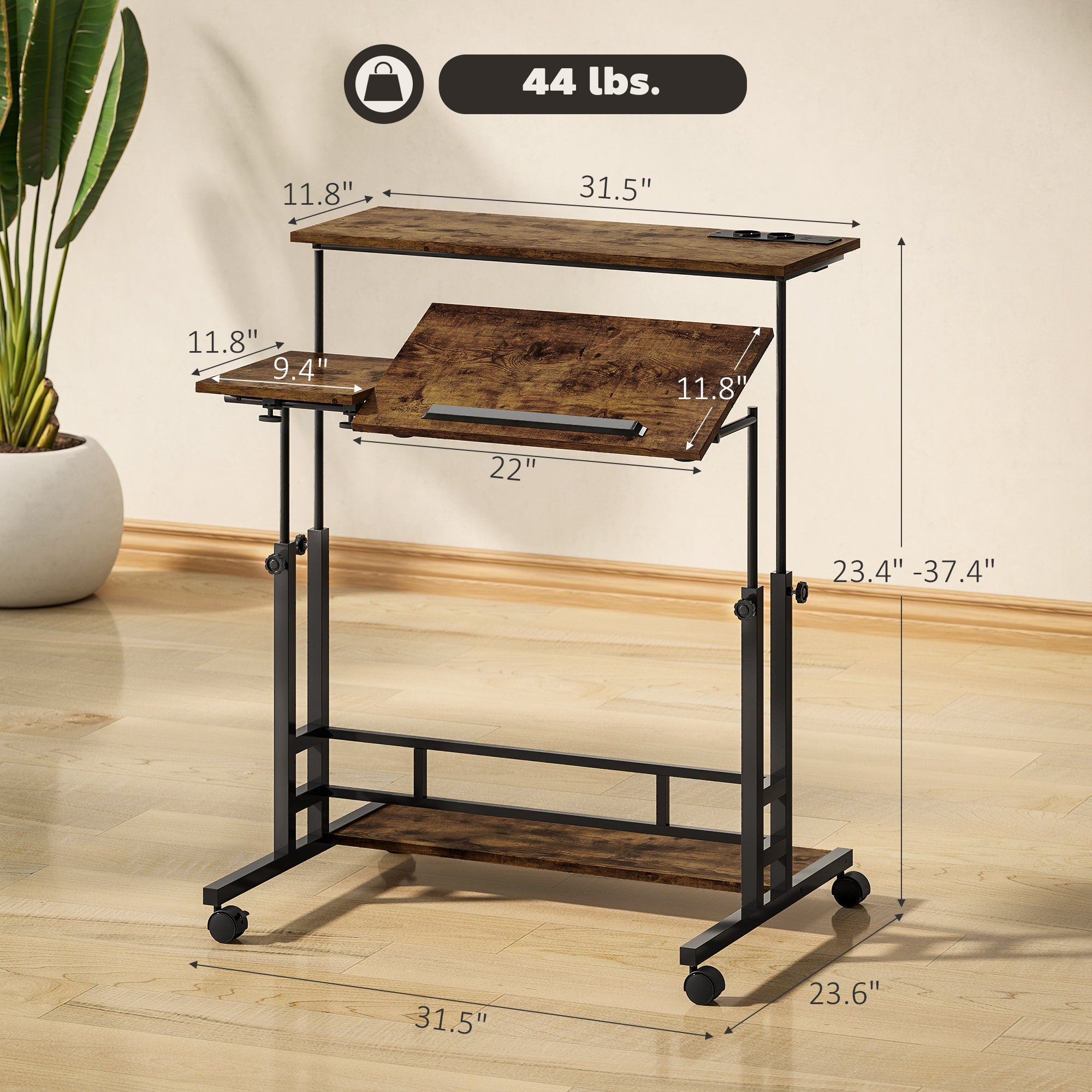Adjustable Standing Desk with Power Outlets, Stand Up Desk with Tiltable Tabletop, Wheels, Shelf, for Home Office, Brown