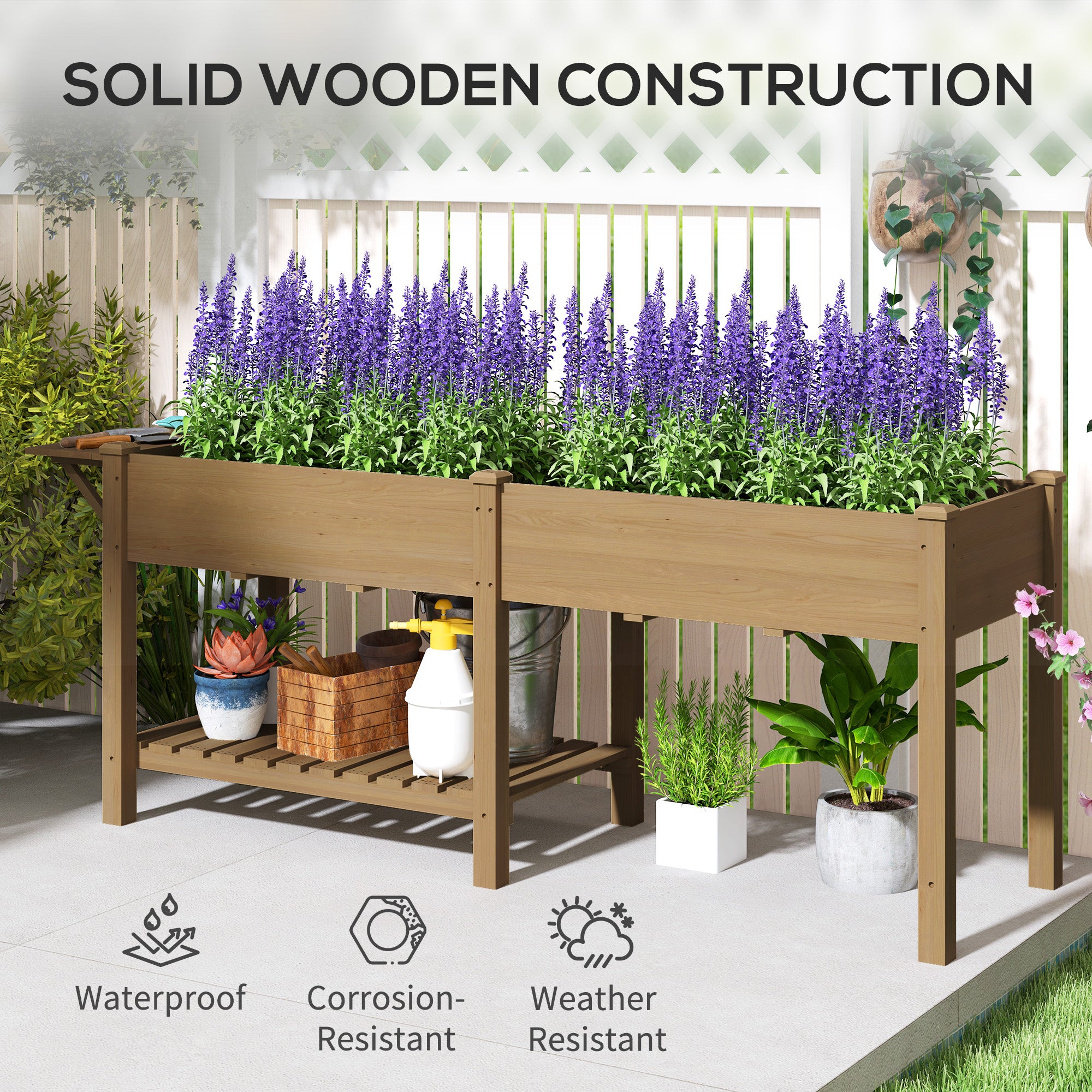 Wood Raised Garden Box, Elevated Garden Bed with Side Table, Bottom Shelf, Bed Liners and Drainage Holes, Carbonized - Carbonized - Image 8