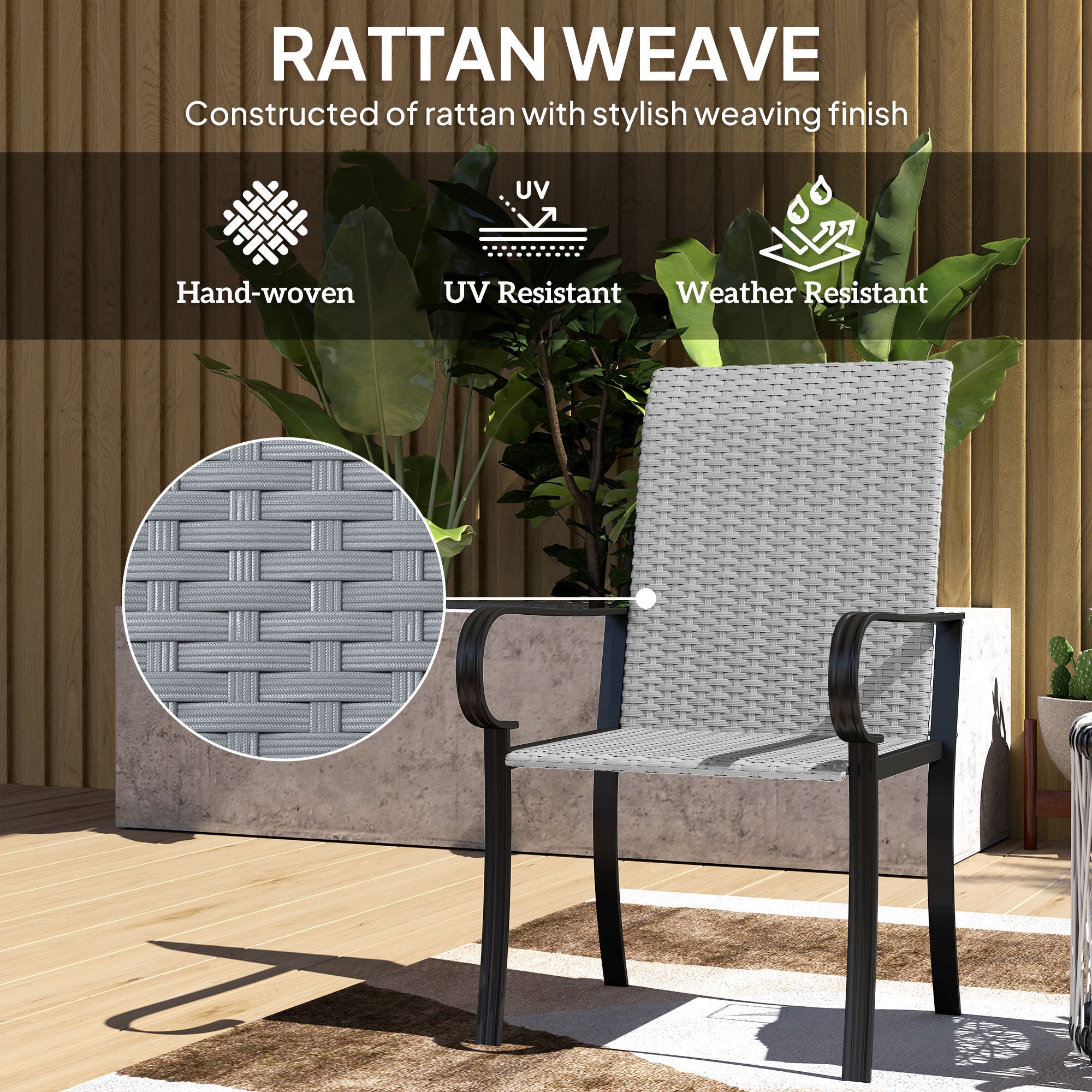 Set of 2 Outdoor Wicker Dining Chairs with Armrest, Steel Frame, High Back and Deep Seating, Gray