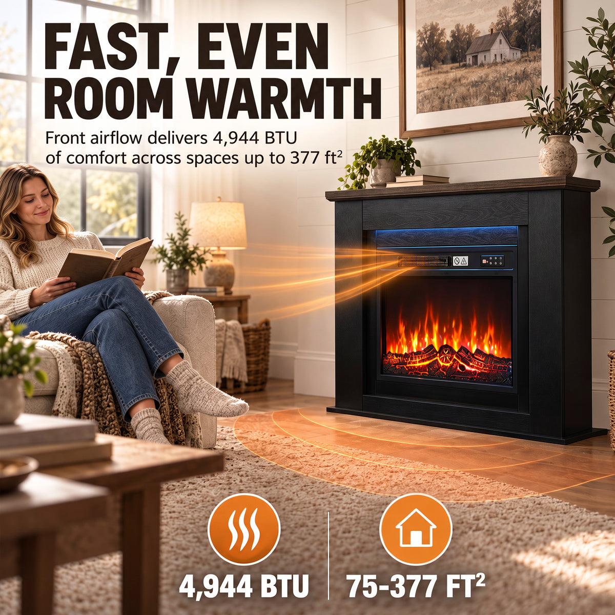 40" Electric Fireplace with Mantel, LED Strip, Fireplace TV Stand for 55" TVs, Adjustable Flame, Black